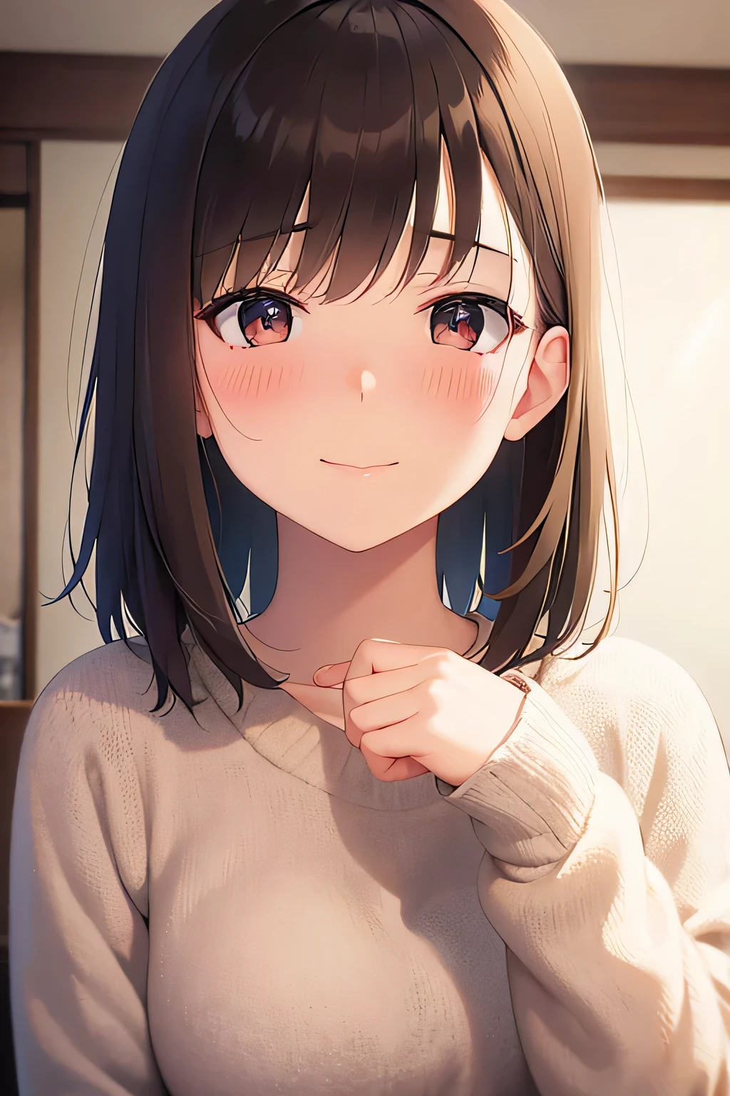 Placing hand on face,movie angle,Real person,RAW Photos,Realistic,Portrait Photography,Shiny skin,Japanese Idols,25 year old woman with bangs,(Medium Hair) and (Brown Hair) and (Brown eyes),smile, (shy:1.2),(blush:1.5),The background is the living room,Alone,The upper body is shown,All naked,naked
