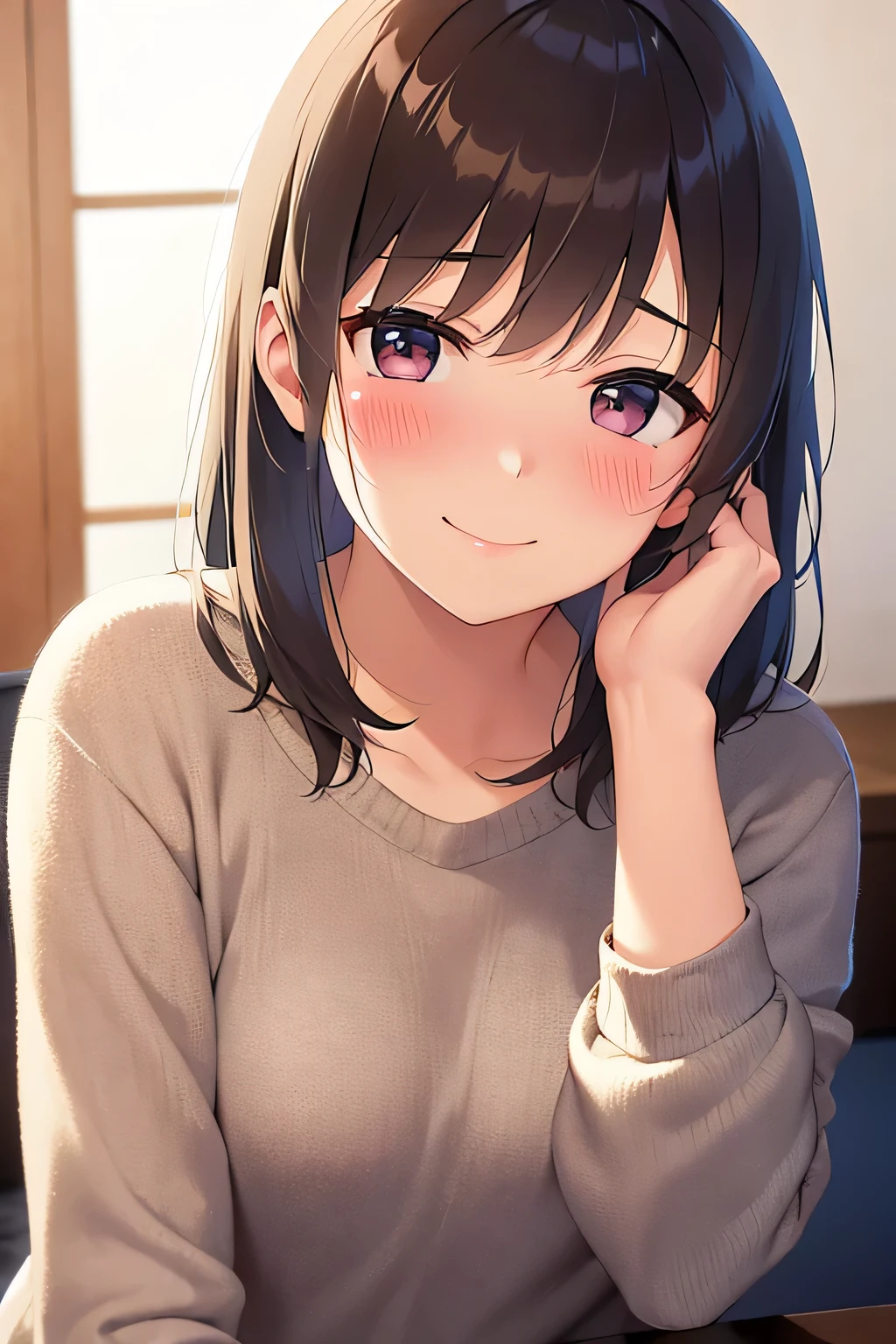 Placing hand on face,movie angle,Real person,RAW Photos,Realistic,Portrait Photography,Shiny skin,Japanese Idols,25 year old woman with bangs,(Medium Hair) and (Brown Hair) and (Brown eyes),smile, (shy:1.2),(blush:1.5),The background is the living room,Alone,The upper body is shown,All naked,naked