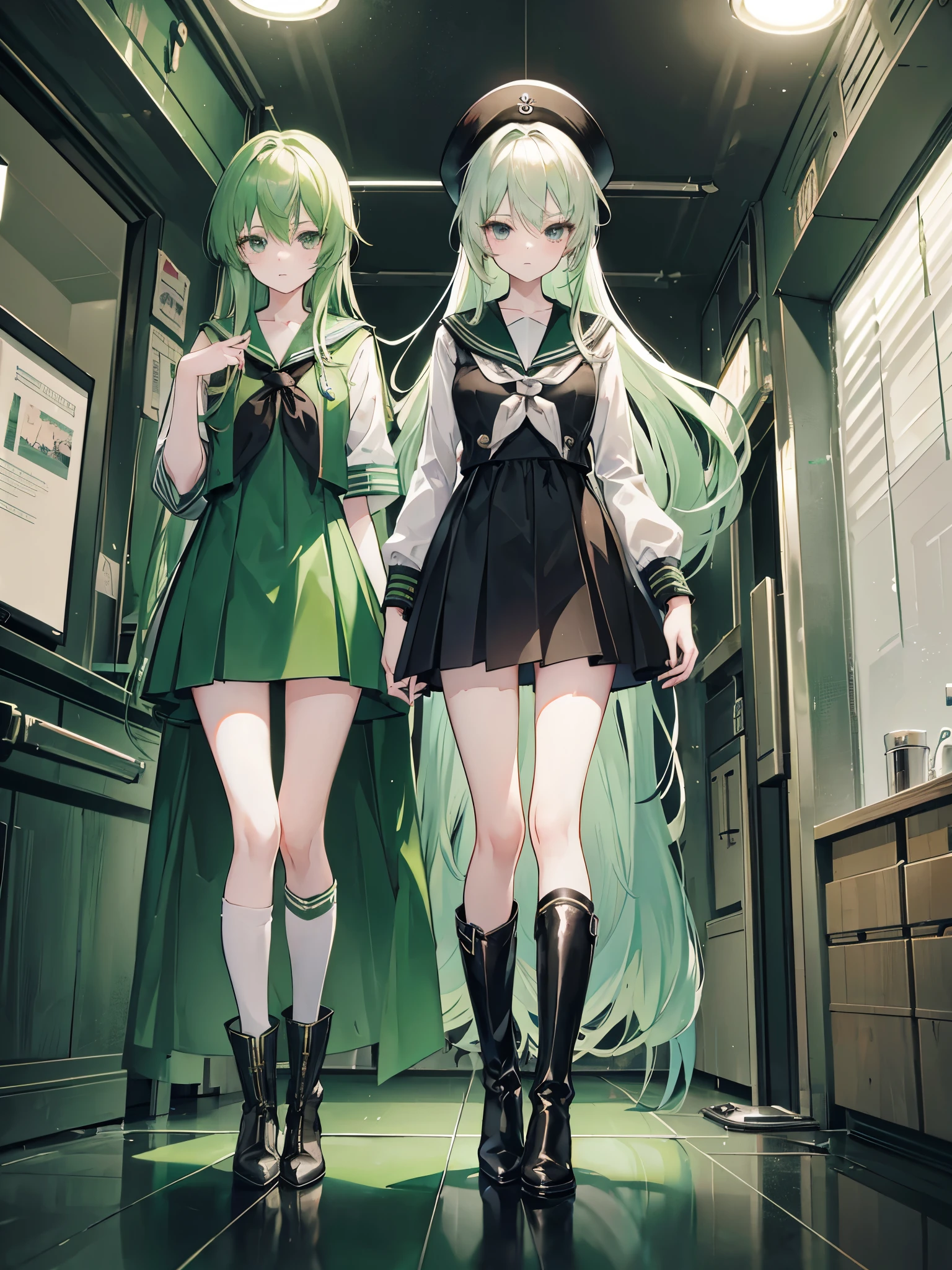 light green hair, black eyes, ((sailor dress)), ((Long boots)), ((full body)), ((crossdressing)), ((a boy)), long hair, kriegsmarine