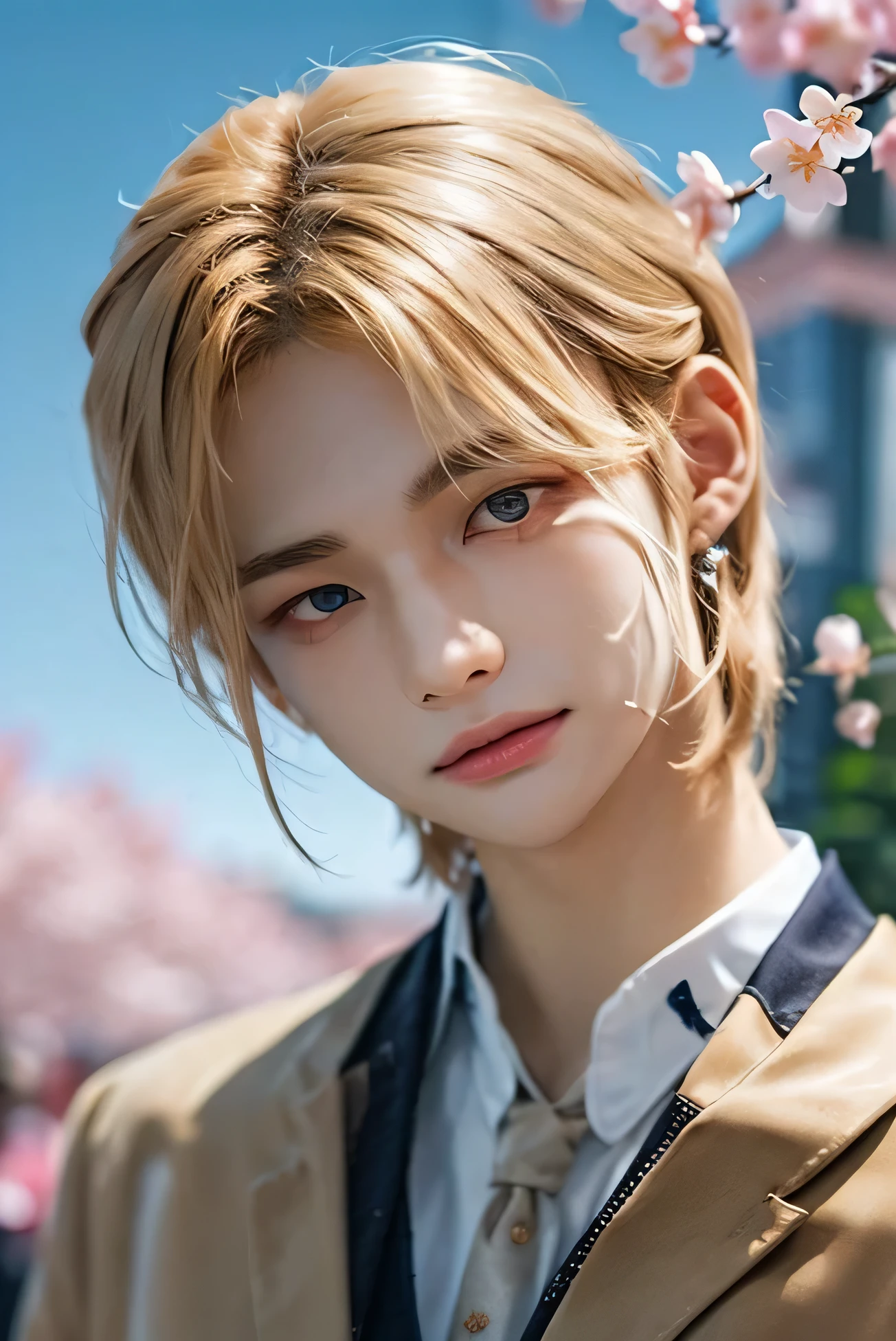 one boy, (a beauty boy, delicate boy:1.3), (:1.3),
break, (Adam's apple),
break, (cherry blossoms:1.2),
break, very fine eyes, (symmetrical eyes:1.3),
break, green eyes, parted bangs, blond hair, (upper teeth, best smile:0.2),
break, (eyes and faces with detailed:1.0),
break, (masterpiece, best quality, ultra detailed, detailed face, 8k)