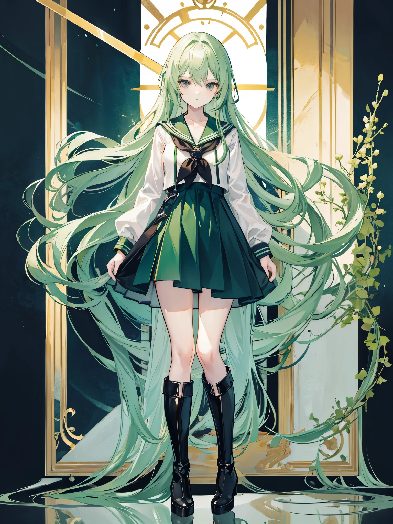 light green hair, black eyes, ((sailor dress)), ((Long boots)), ((full body)), ((crossdresser)), ((individual)), long hair, kriegsmarine