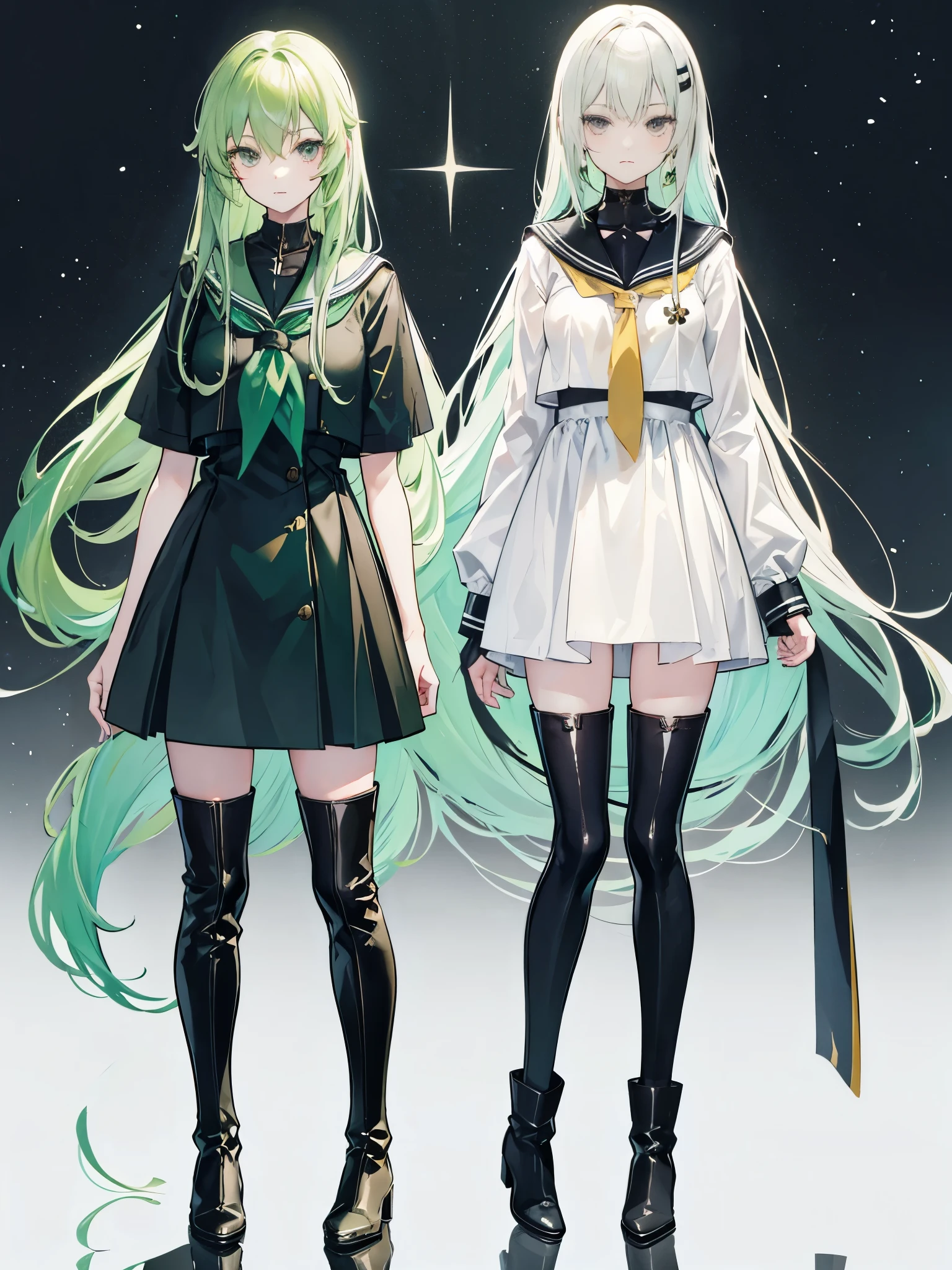 light green hair, black eyes, ((sailor dress)), ((Long boots)), ((full body)), ((crossdresser)), ((individual)), long hair, kriegsmarine