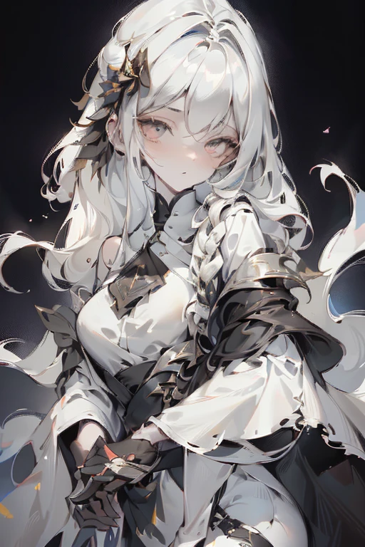 masterpiece, best quality, portrait of 1girl, adult woman, black background with a gray gradient from below, long white hair, clothes are a black narrow dress with gold elements, white light is falling from above, she holds her hands behind her head, looks straight at the camera
