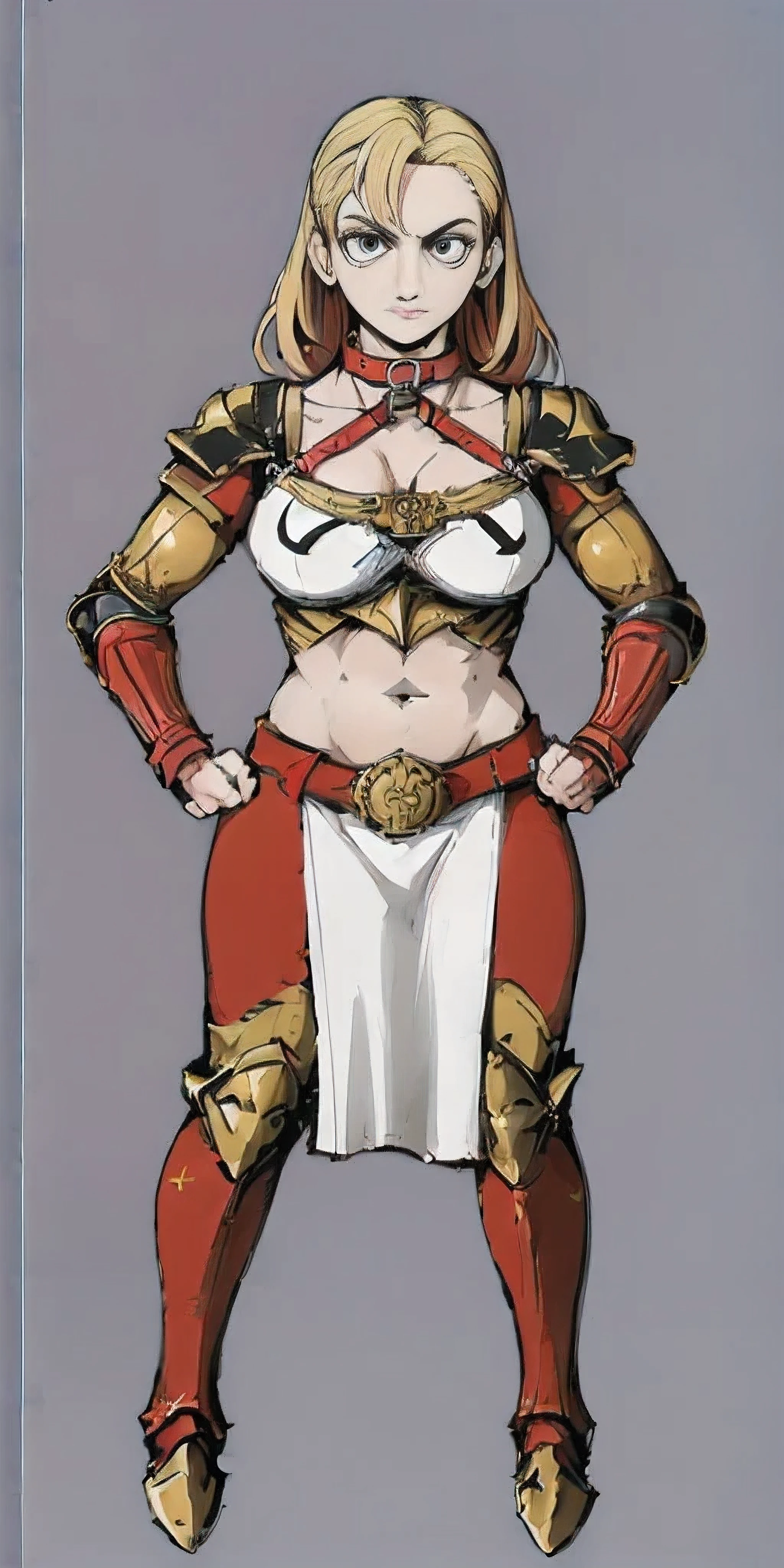 ((Plain background 1:2)) (Cammy White Street Fighter 6) Female full body standing straight symmetrical looking to the viewer RED full body armored (handcuffs, shackles, rerebrace, faulds, poleyn, gauntlets, leather collar choker) big belt under belly button, navel, belt over belly button ((hands on hips))