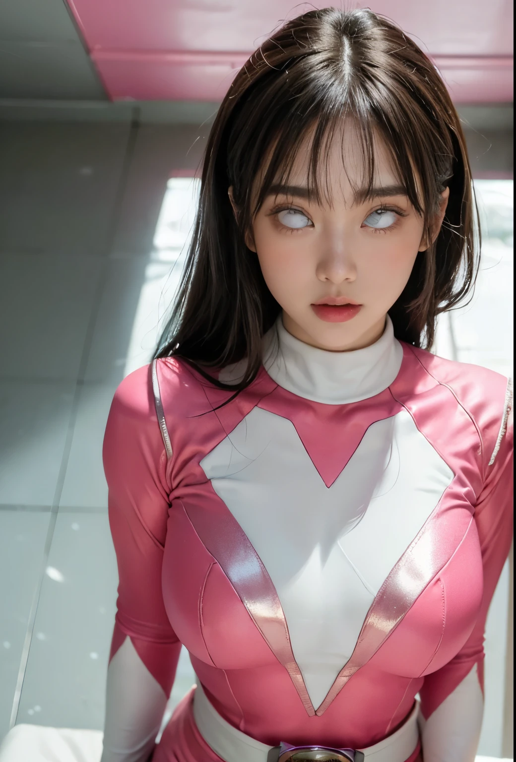 ((Pink Ranger, Same as V1)), One girl, Beautiful 20 year old Japanese woman, Angelic, Cute face,
Beautiful fine details, 
(Big eyes:1.3),Long eyelashes,
See-through bangs,
(Beautiful and exquisite face and eyes:1.4), 
Beautiful short black hair, Beautiful smile,
(highest quality:1.2),
RAW Photos, 
High resolution, 
Perfect detail, 
Professional photography, 
Professional Lighting, (Metallic coral magenta and white hero suit:1.3), Ultra tight fitting bodysuit, belt, Huge breasts, ((Face the camera,Looking at the camera,upright,Weakness,From above, look up,Staring at the ceiling,Please open your mouth wide)),(((White of the eyes))),Beautiful feet, Strong lighting in bodysuit,at the park