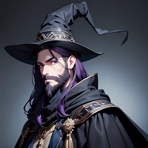 bust, Wizard, middle aged man, Very skinny, thin body type, ancient clothing, pointed hat, long black cloak, Posing face to face, portrait, Dark blue theme,purple eyes, dark purple hair, medium length hair, purple beard