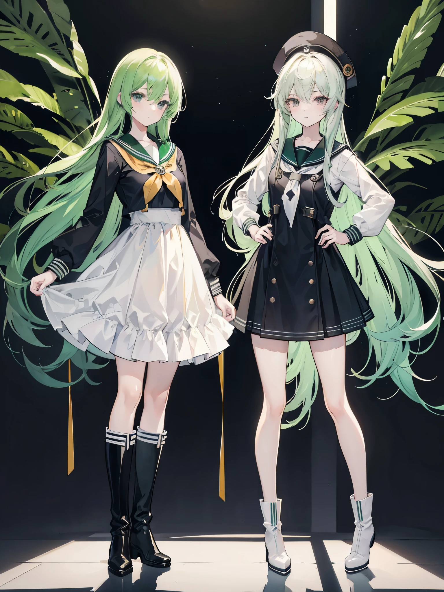 light green hair, black eyes, ((sailor dress)), ((Long boots)), ((full body)), ((crossdresser)), ((individual)), long hair, kriegsmarine