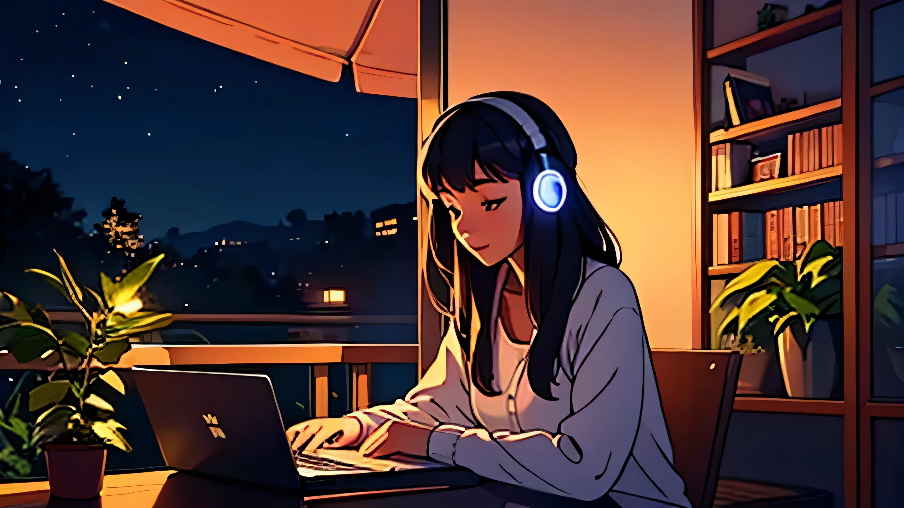 at night I opened my laptop on the table at my balcony. a girl studying while listening to music with headphones, the night view is very beautiful with beautiful candle on her table. there are plants in the background. Lo-fi She is typing her laptop with a beautiful night view with books and plants in the background with a cup of cocoa inside on the desk
