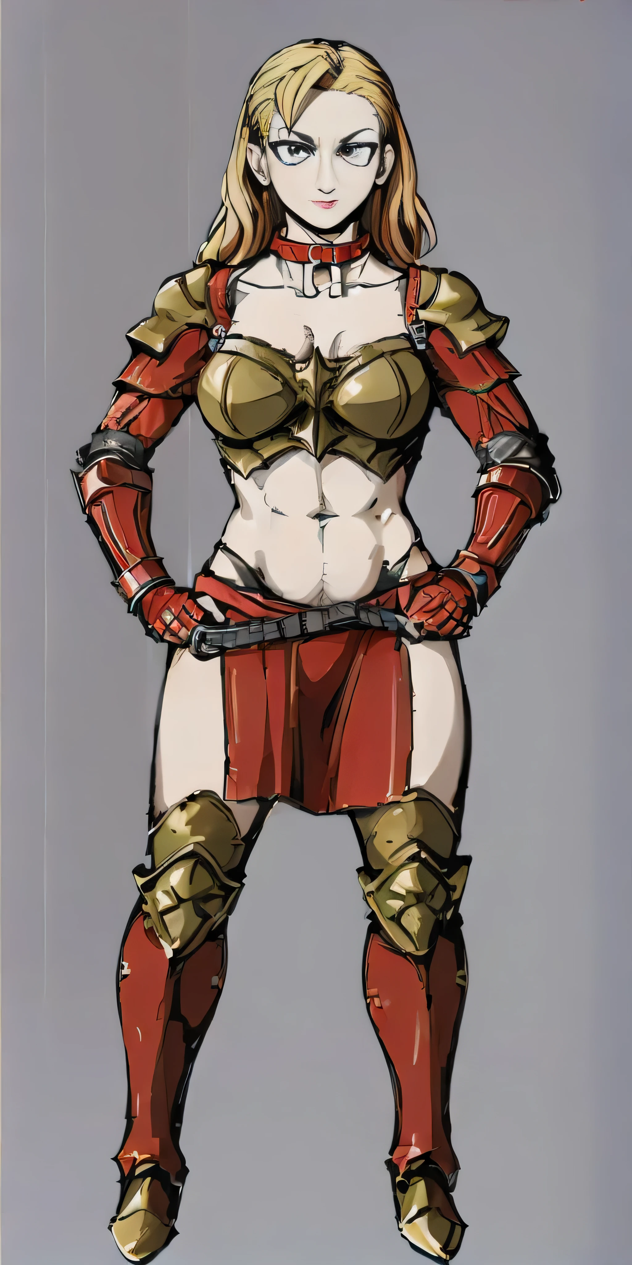 ((Plain background 1:2)) (Cammy White Street Fighter 6) Female full body standing straight symmetrical looking to the viewer RED full body armored (handcuffs, shackles, rerebrace, faulds, poleyn, gauntlets, leather collar choker) big belt under belly button, navel, belt over belly button ((hands on hips))