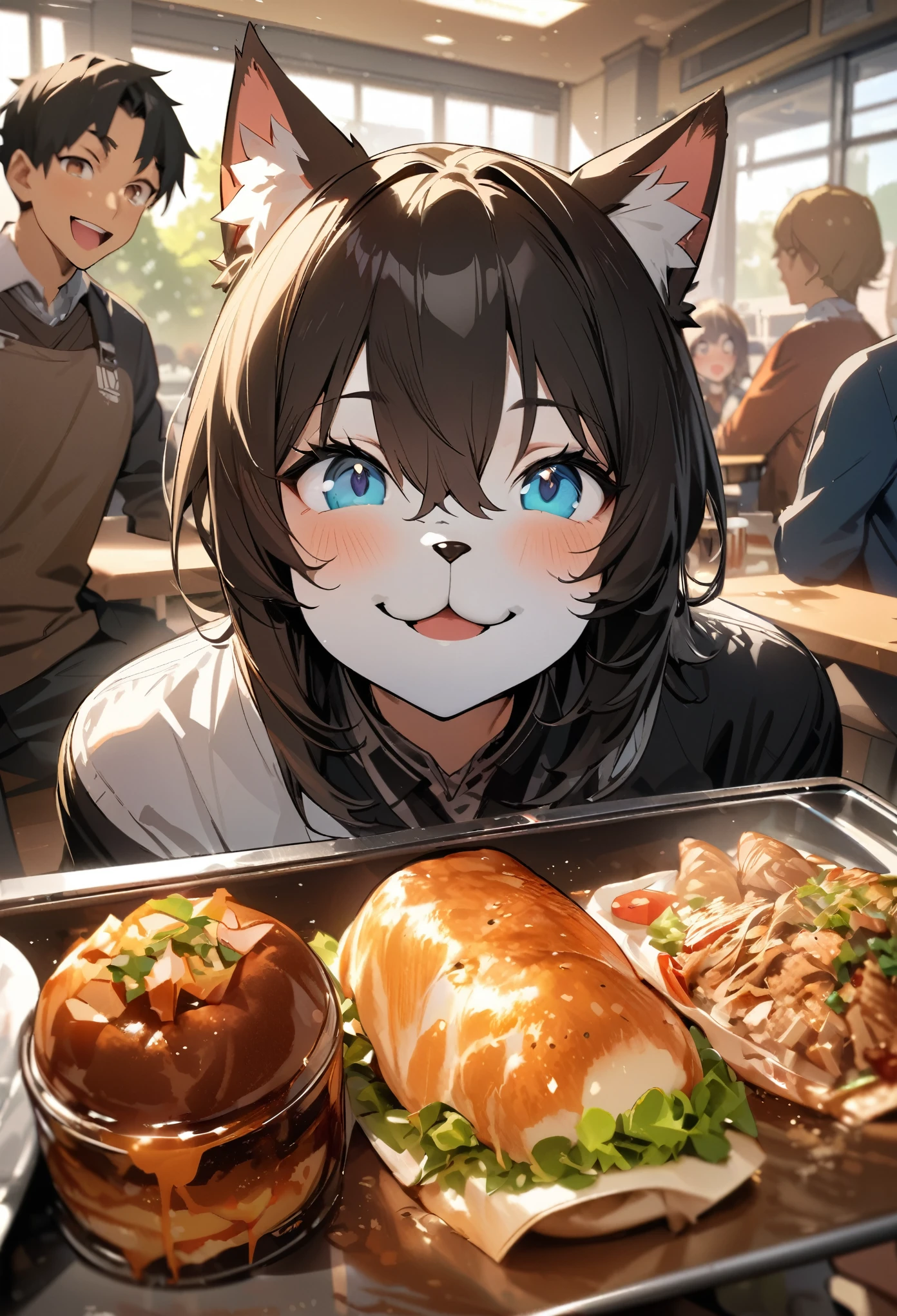 top quality, best quality, High-quality illustrations, masterpiece, super high resolution, detailed background, detailed background, university cafeteria, 3+boys, 3+girls, Happy, joyful, absurdres(highly detailed beautiful face and eyes)perfect anatomy(Photos taken with friends)(kemono, furry anthro)selfie,