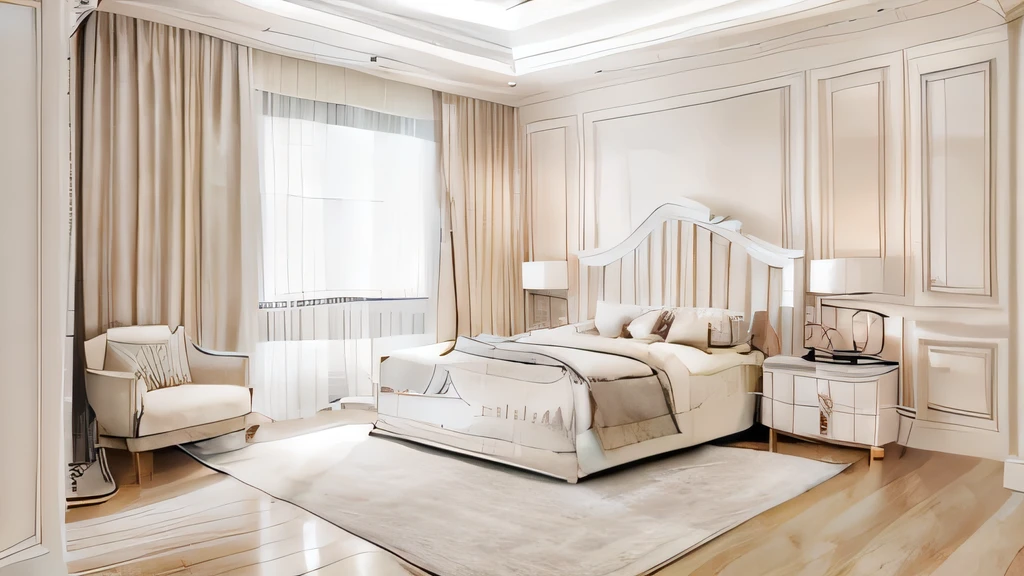 modern bedroom design, neoclassical style, image layout following the outline, 1 bed, 1 tab, 1 dressing table, 1 white curtain, 1 wall decoration, plaster ceiling flat white, (((light tone:1.3)), gray