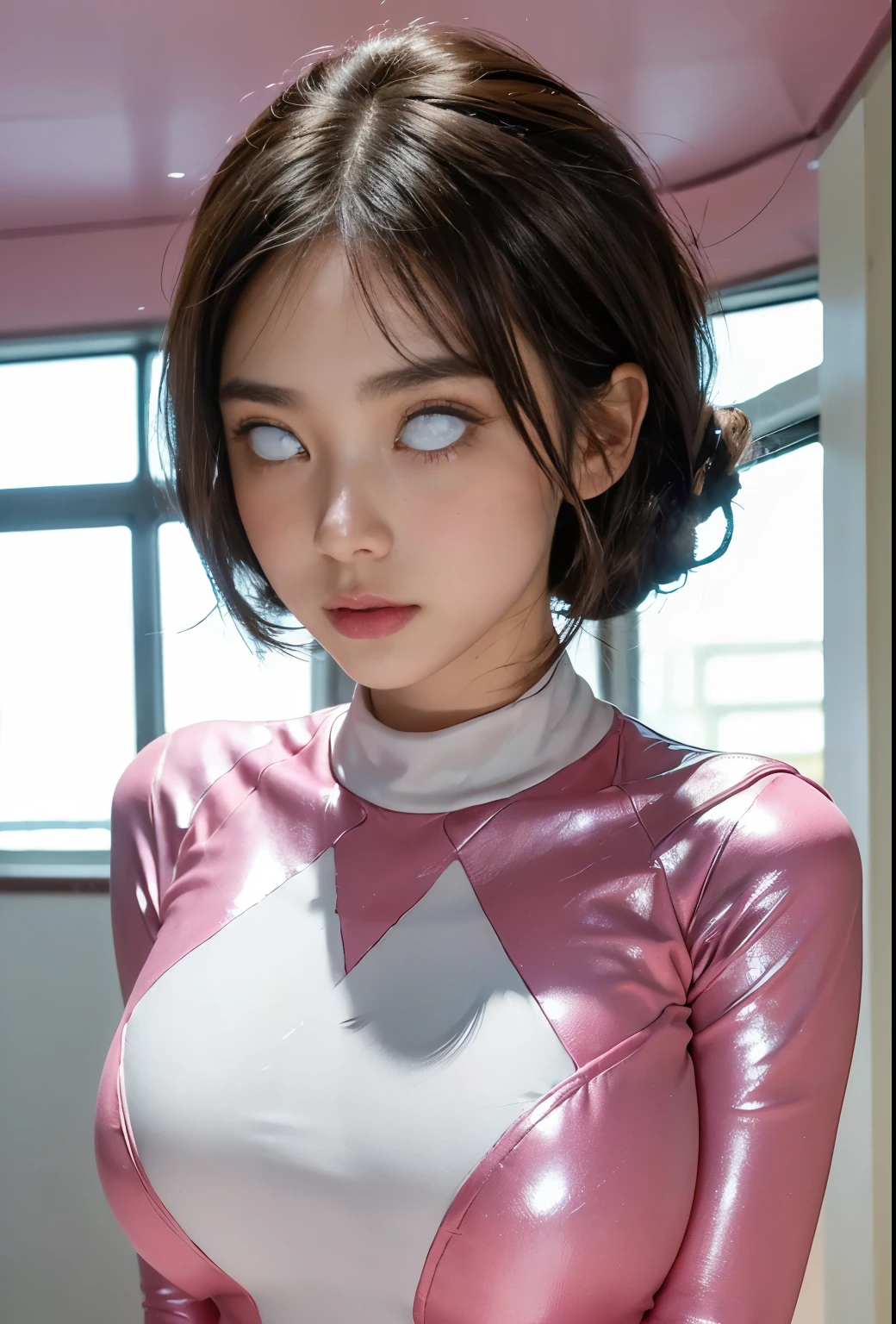 ((Pink Ranger, Same as V1)), One girl, Beautiful 20 year old Japanese woman, Angelic, Cute face,
Beautiful fine details, 
(Big eyes:1.3),Long eyelashes,
See-through bangs,
(Beautiful and exquisite face and eyes:1.4), 
Beautiful short black hair, Beautiful smile,
(highest quality:1.2),
RAW Photos, 
High resolution, 
Perfect detail, 
Professional photography, 
Professional Lighting, (Metallic coral magenta and white hero suit:1.3), Ultra tight fitting bodysuit, belt, Huge breasts, ((Face the camera,Looking at the camera,upright,Weakness,Hold your arms straight down,From above, look up,Staring at the ceiling,Please open your mouth wide)),(((White of the eyes))),Beautiful feet, Strong lighting in bodysuit,at the park