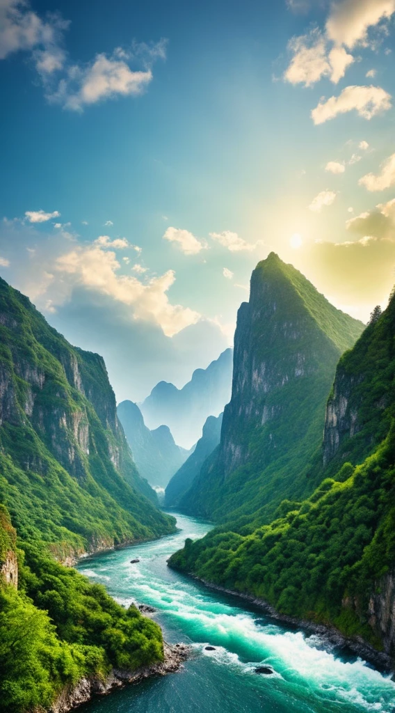 Masterpiece, ultimate quality, Cg unity 8k wallpaper, super delicate, beautiful sky and clouds, rich natural scenery, cliffs, lakes and rivers, waterfalls and flying water, beautiful green mountains, no trace of people, excellent scenery, has already won a photo contest, background Blurring, full depth of field, HDR high dynamics, true restoration, intricate, extreme details, dramatic presentation, perfectly presenting the style of midjourney art.