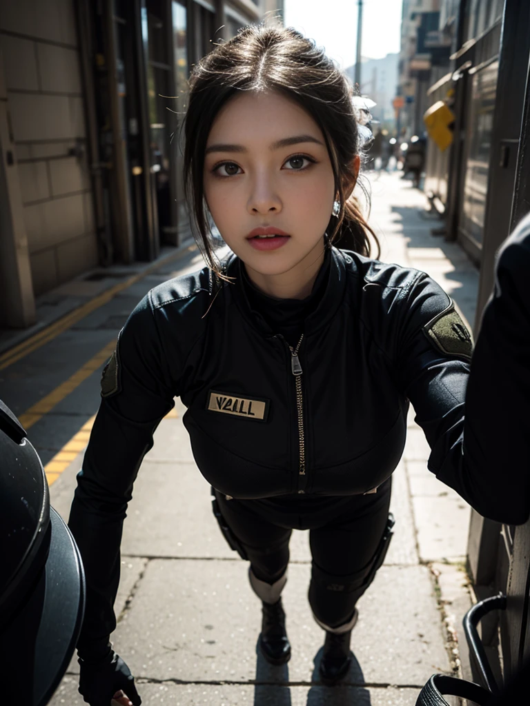 A female soldier wearing a black powered suit looking up