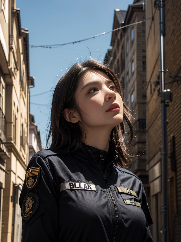 A female soldier wearing a black powered suit looking up