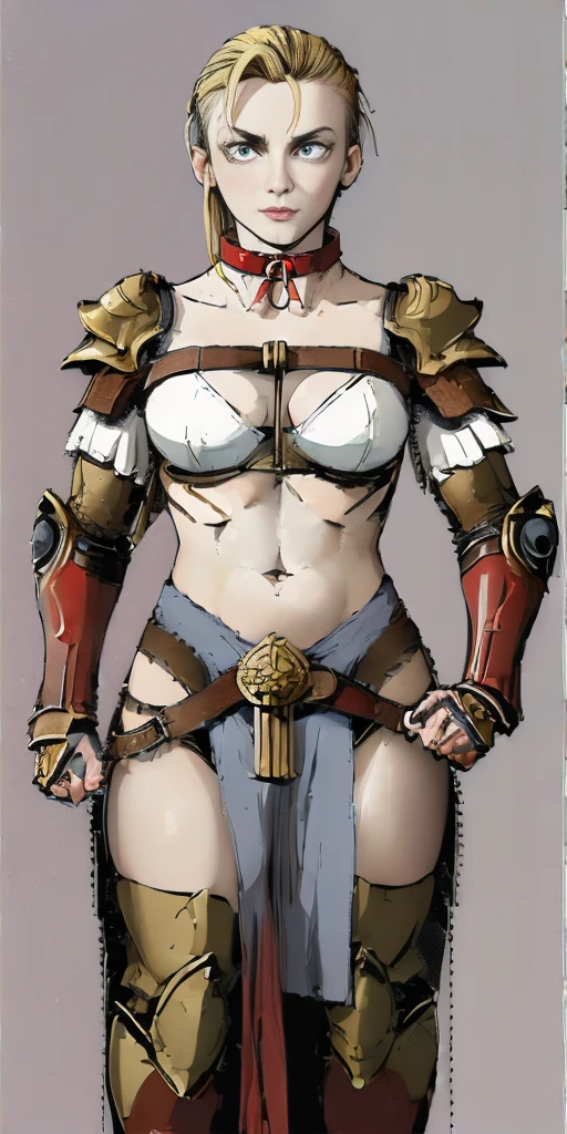 ((Plain background 1:2)) (Cammy White Street Fighter 6) Female full body standing straight symmetrical looking to the viewer RED full body armored (handcuffs, shackles, rerebrace, faulds, poleyn, gauntlets, leather collar choker) big belt under belly button, navel, belt over belly button ((hands on hips))