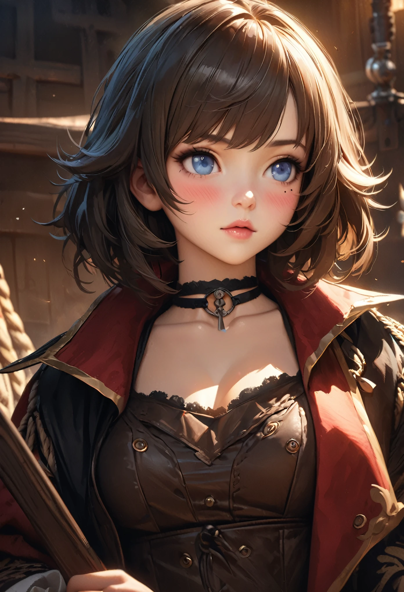LittleMasterpiece, Best Quality, Highly Detailed, High Definition, High Definition, High Definition, 4k, 8k, Unity 8K Wallpaper, Highly Detailed CG, Masterpiece, Realistic, Beautiful Details, Depth, Fine Texture, Best Quality: 1.3, Total concentration, perfect skin, him, very cute anime, female pirate, pirate costume, pirate ship, whole body, mole under the eye, gaze, high, blush, lips parted, his art, Blue eyes, choker
