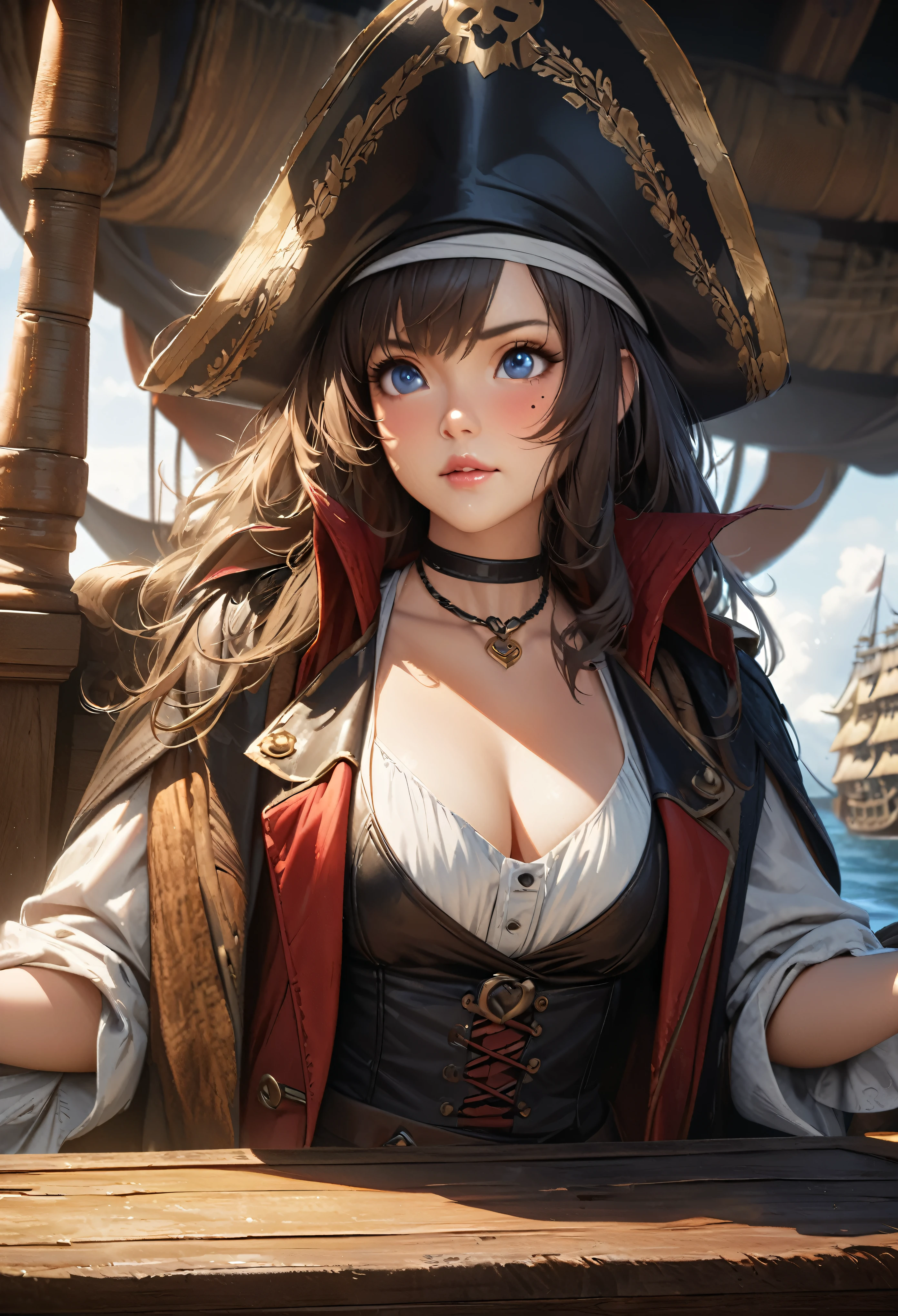 LittleMasterpiece, Best Quality, Highly Detailed, High Definition, High Definition, High Definition, 4k, 8k, Unity 8K Wallpaper, Highly Detailed CG, Masterpiece, Realistic, Beautiful Details, Depth, Fine Texture, Best Quality: 1.3, Total concentration, perfect skin, him, very cute anime, female pirate, pirate costume, pirate ship, whole body, mole under the eye, gaze, high, blush, lips parted, his art, Blue eyes, choker