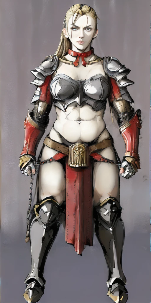 ((Plain background 1:2)) (Cammy White Street Fighter 6) Female full body standing straight symmetrical looking to the viewer RED full body armored (handcuffs, shackles, rerebrace, faulds, poleyn, gauntlets, leather collar choker) big belt under belly button, navel, belt over belly button ((hands on hips))