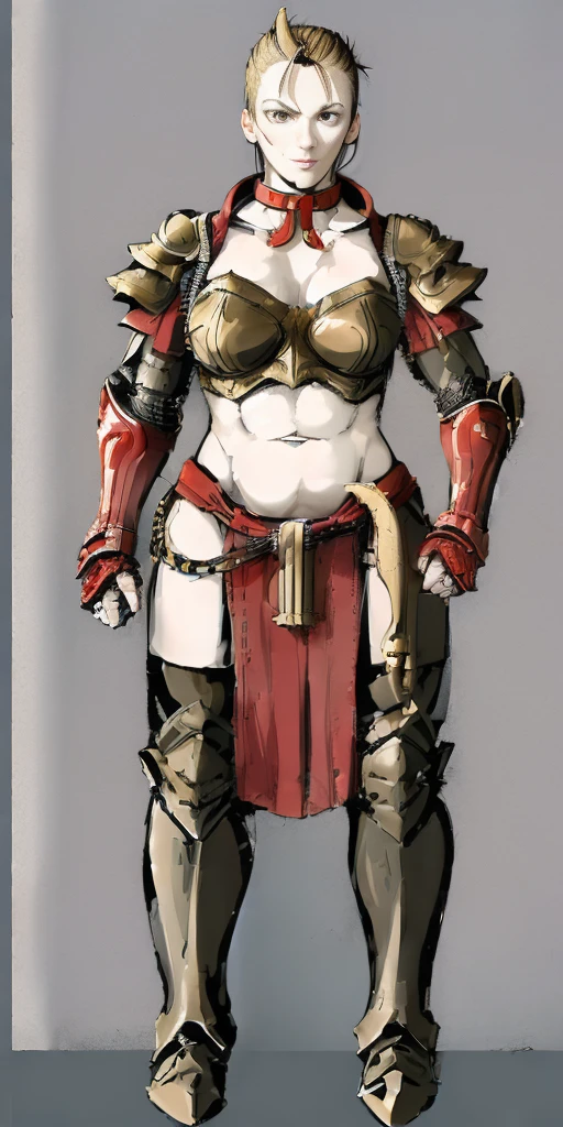 ((Plain background 1:2)) (Cammy White Street Fighter 6) Female full body standing straight symmetrical looking to the viewer RED full body armored (handcuffs, shackles, rerebrace, faulds, poleyn, gauntlets, leather collar choker) big belt under belly button, navel, belt over belly button ((hands on hips))