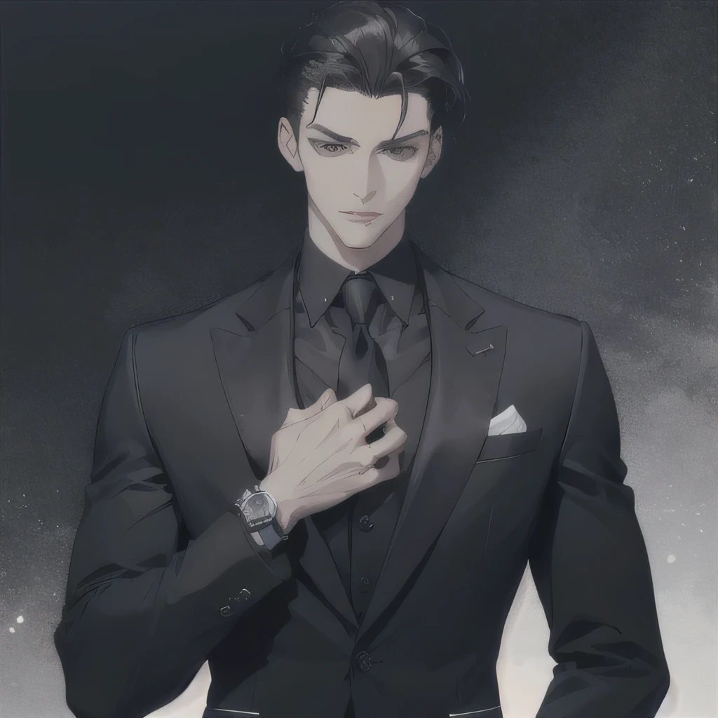 (Absurdres, highres, ultra-detailed) Waifu and Handsome male, Short black hair slicked back, advanced suit sharply defined, Clear muscle lines accentuated, suit and tie neatly arranged, Wrist watch ticking rhythmically, gazing at the front horizontally, Erect posture, the upper part of the body exuding confidence and charm.