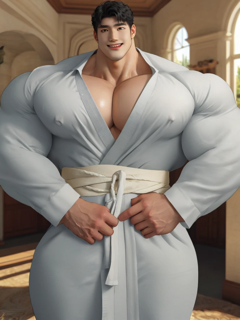 1boy asian male, (korean man with k-pop idol look), black hair, giant, model shoot style, looking at viewer, standing, strong body, standing, in the room, exotic skin, martial arts costume in white, prominent muscle bulge, brutalmass, detailed face, heavy muscular, stubble, photo real, sexy, big, brutalmass, giant, muscular body, bulk, massive body, large size, smile, illuminating light, golden hour, outdoor