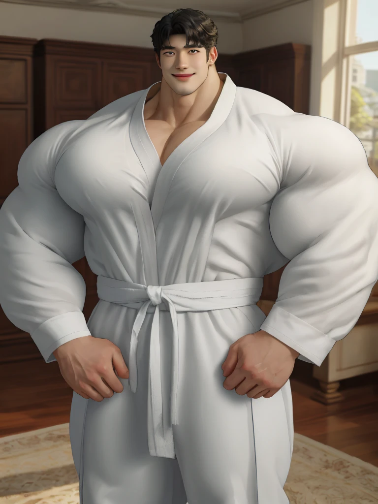 1boy asian male, (korean man with k-pop idol look), black hair, giant, model shoot style, looking at viewer, standing, strong body, standing, in the room, exotic skin, martial arts costume in white, prominent muscle bulge, brutalmass, detailed face, heavy muscular, stubble, photo real, sexy, big, brutalmass, giant, muscular body, bulk, massive body, large size, smile, illuminating light, golden hour, outdoor