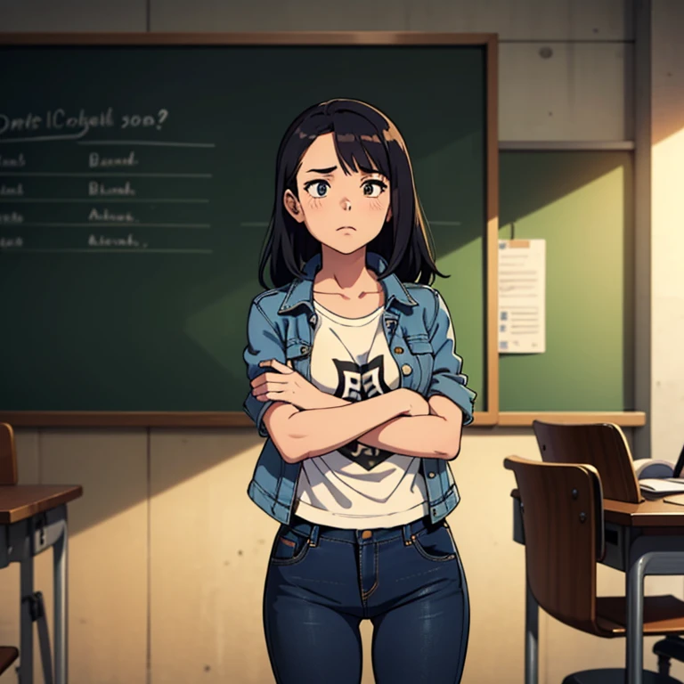 masterpiece, regular girl in jeans and t-shirt and worn out denim jacket, in college class, pencil, near blackboard, standing