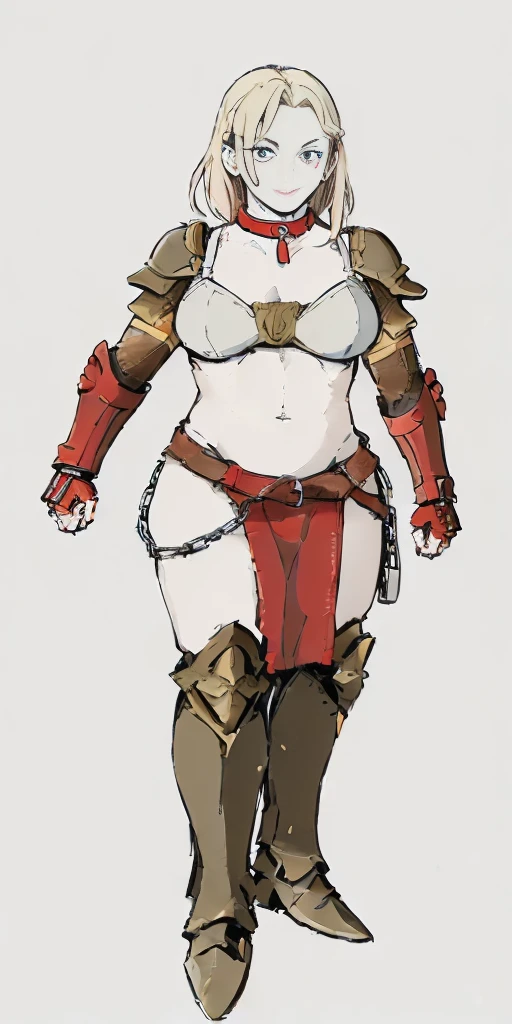 ((Plain background 1:2)) (Cammy White Street Fighter 6) Female full body standing straight symmetrical looking to the viewer RED full body armored (handcuffs, shackles, rerebrace, faulds, poleyn, gauntlets, leather collar choker) big belt under belly button, navel, belt over belly button ((hands on hips))