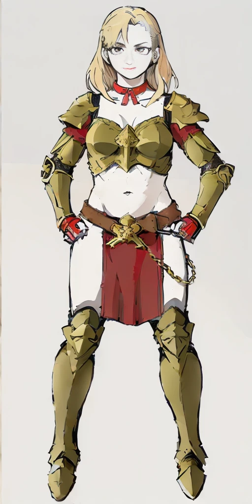 ((Plain background 1:2)) (Cammy White Street Fighter 6) Female full body standing straight symmetrical looking to the viewer RED full body armored (handcuffs, shackles, rerebrace, faulds, poleyn, gauntlets, leather collar choker) big belt under belly button, navel, belt over belly button ((hands on hips))