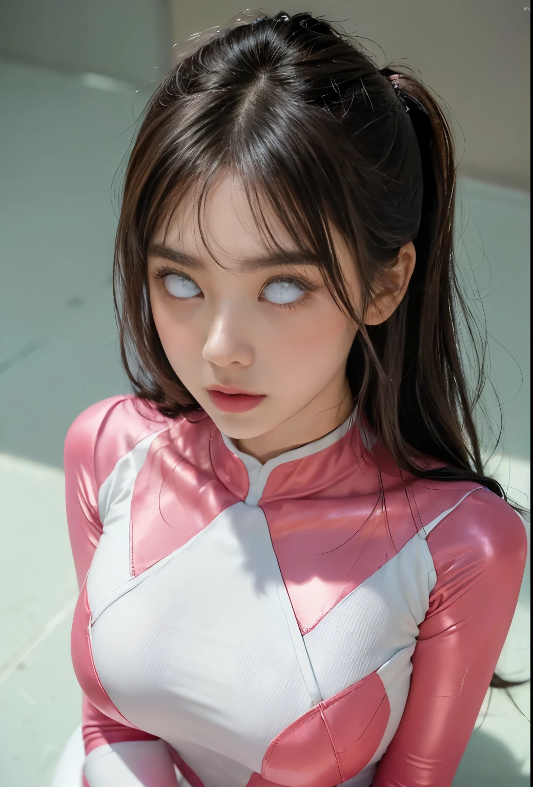 ((Pink Ranger, Same as V1)), One girl, Beautiful 20 year old Japanese woman, Angelic, Cute face,
Beautiful fine details, 
(Big eyes:1.3),Long eyelashes,
See-through bangs,
(Beautiful and exquisite face and eyes:1.4), 
Beautiful short black hair, Beautiful smile,
(highest quality:1.2),
RAW Photos, 
High resolution, 
Perfect detail, 
Professional photography, 
Professional Lighting, (Metallic coral magenta and white hero suit:1.3), Ultra tight fitting bodysuit, belt, Huge breasts, ((Face the camera,Looking at the camera,upright,Weakness,Hold your arms straight down)),(((From above, look up,Staring at the ceiling,Please open your mouth wide))),((((White of the eyes)))),Beautiful feet, Strong lighting in bodysuit,at the park