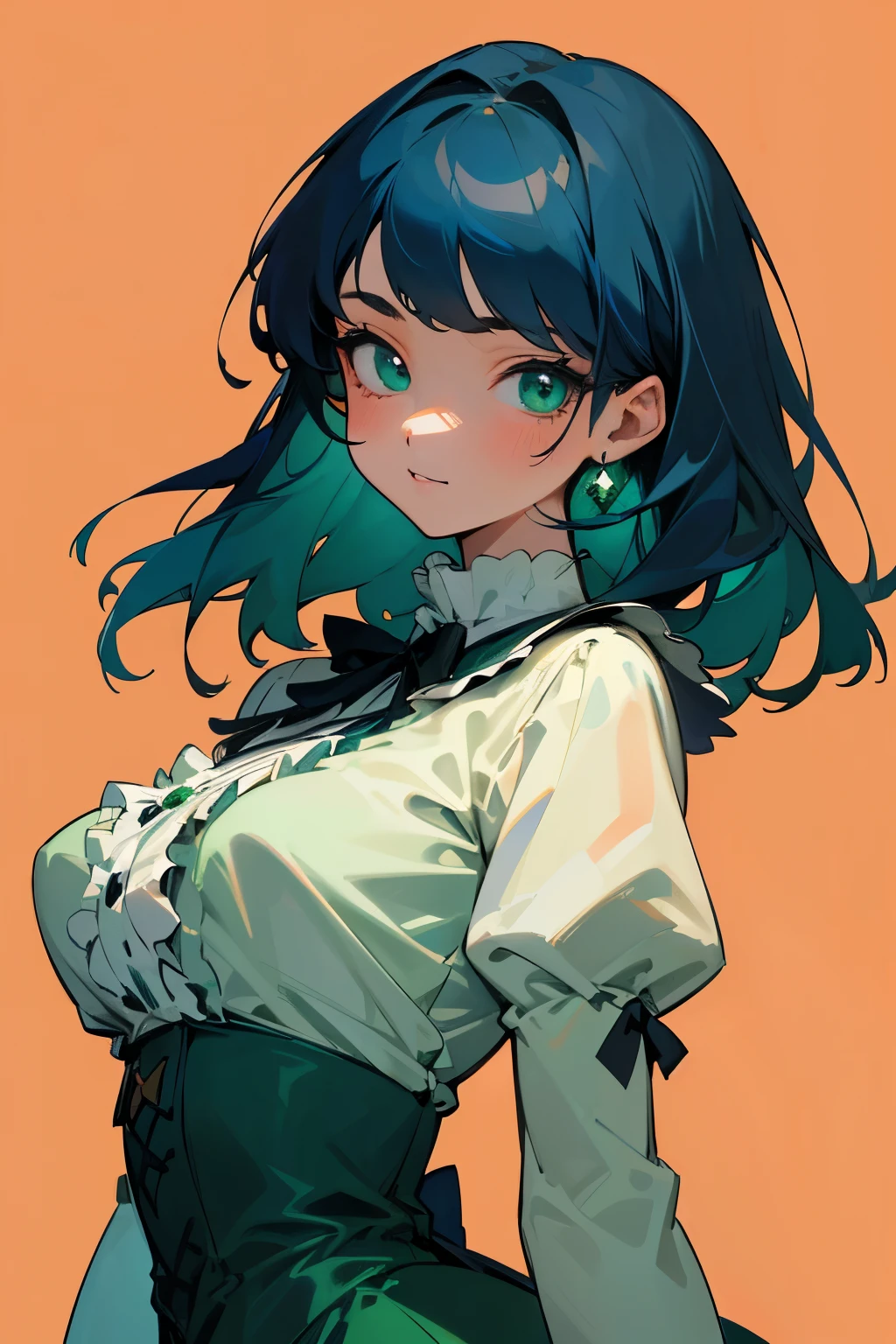 Face the children_V1:0.24, Highest quality, real, 8K, High accuracy, 1 girl, woman, (Skin dents), (painting), ((Simple background:1.62)), In full colour, ((Big round breasts,ta,decor,race,ribbon)), Look directly at the viewer:1.8, (1 girl eyes looking at viewer:1.55), (Medium length hair, dark blue hair, Straight bangs:1.45,Emerald green eyes), (sad),Looking at the viewer,He smiles