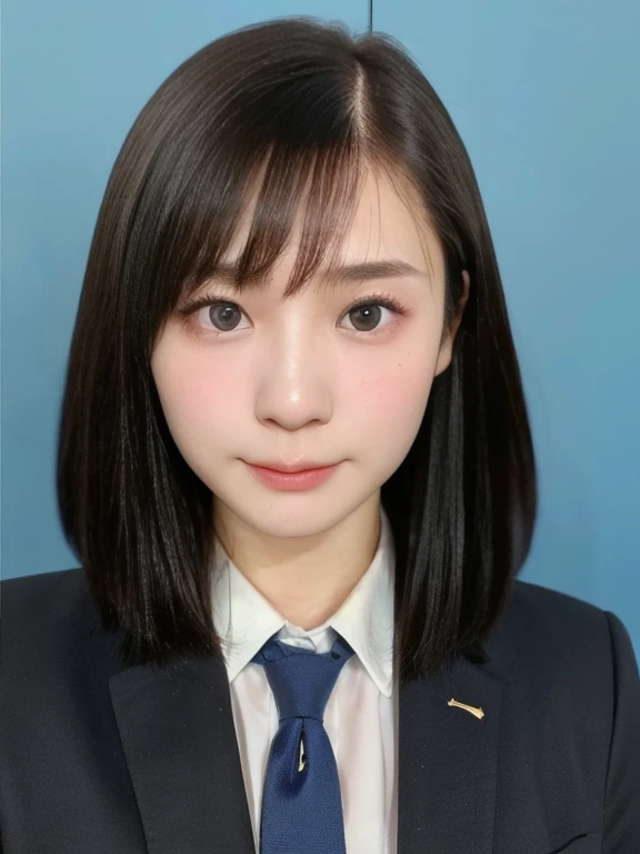 (kawaii 24 year-old Japanese girl, Nogizaka idol, Korean idol), (glossy black hair, medium bob, even and symmetric hair design:1.3), (pure black eyes, rounded face, single eyelid, no makeup, serious expression:1.2), (wearing suit jacket, collared shirt, necktie:1.3), (extra small breasts:0.9), (facing straight at camera:1.2), BREAK, (simple blue background, yearbook background:1.3), (portrait, id photo, bust shot, view from straight forward:1.3), (keep enough top margin to avoid the head cropped:1.3), BREAK, (masterpiece, best quality, photo realistic, official art:1.4), (UHD, 8K quality wallpaper, high resolution, raw photo, golden ratio:1.3), (shiny skin), professional lighting, physically based rendering, award winning, (highly detailed skin, extremely detailed face and eyes), Carl Zeiss 85 mm F/1.4, depth of field, 1girl, solo,