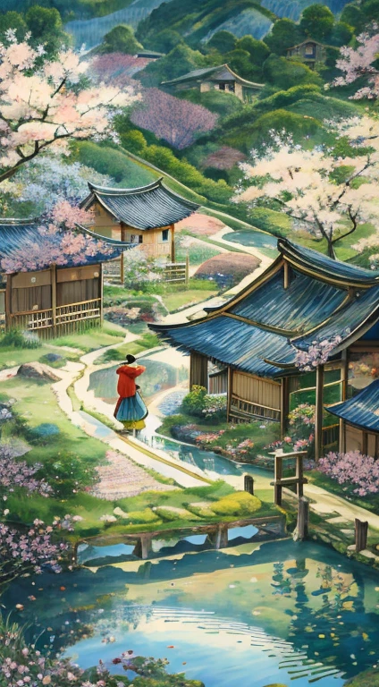 Green trees surround the village, spring water overflowing pond, Bath in the east wind, And the small garden is very small, But it harvested the whole spring. Peach blossoms are red, Plum blossoms are white, Cauliflower is golden. Stay away from the wall, There are several thatched houses. The cyan flag flutters in the wind, A small bridge stands by the stream. Occasionally, I ride a bike,Go east over the hill. Yinger sings, Swallows dancing, Butterfly galloping, it's a beautiful spring.best quality, Super detailed, The best shadow,8k,official art