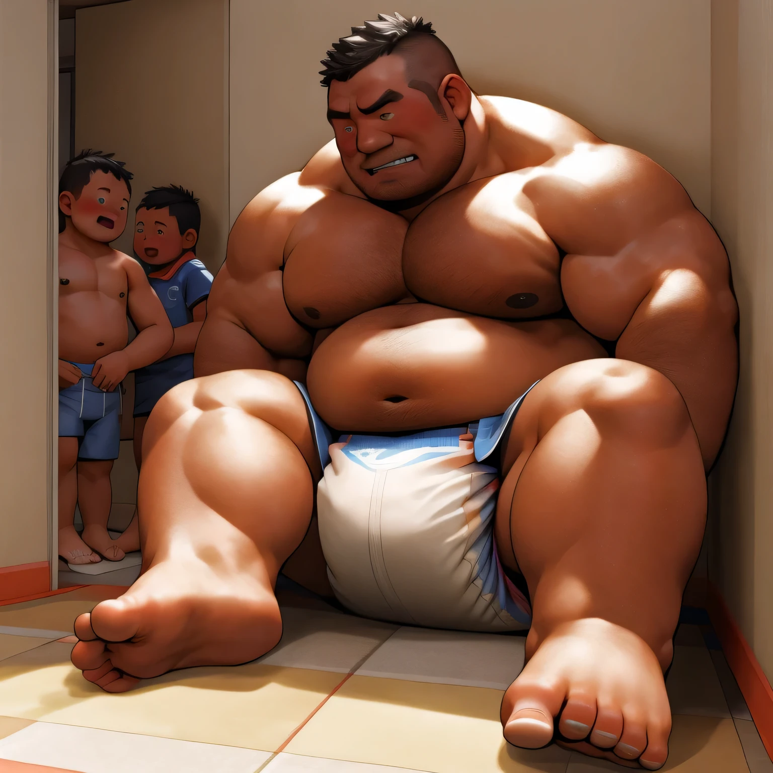 masterpiece, Top quality, in 32K, perfect anatomy, hyper detailed, super fine illustration, The thick man is a brutal prisoner, retarded, hairy, human, 50yo in japan, (fatness: 1.0), Fatty muscle, Bowleg, disappointment, incontinent, be diaper check by children, There is a small puddle under him, Naked, short legs, Bowleg, spread legs, wear a White cloth Diaper, Bare belly, Bare legs, Bare foots, Bare soles, Shirtless, wide forehead and short thinning hair, Man with round  face with stubble, Bare foots, Bare soles, shy, sissy, Weaker than children, Drool, Round face, He enters nursery school and is despised by children, He is made to stand attention in the corner of the playroom, corner time, He surrounded by children, Bare foots, big butt, White Diaper, sobbing, There is a small puddle under him