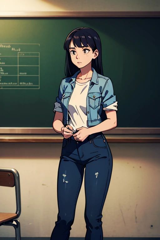 masterpiece, regular girl in jeans and t-shirt and worn out denim jacket, in college class, near blackboard, standing