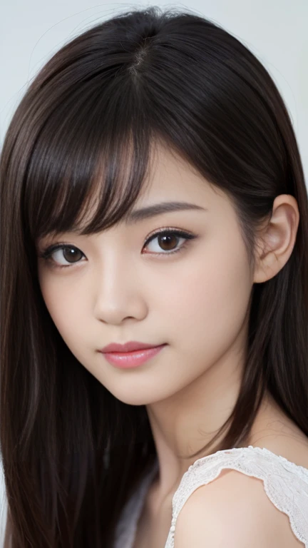 1 female，18-year-old，（Portrait in numbers：Mayu Yokota， Yuko Araki），black eye，Beautiful Face，（Thin skeletal surface+Delicate features、），非常にDetailed face，（Subtle Japanese Makeup）， black eyelash curls for long hair，（Messy and multi-layered， With bangs）， smile，Look at the camera，Fair and smooth skin，（Best Skin Type：1.21），（clavicle：1.2），Women&#39;s slim fit suits，V-neck white short shirt，（Deep V-neck，Big Breasts），short hip wrap skirt，（Realistic close-up photo of a woman），Narrow waist、Long legs，（Slim figure），street，（（Hasselblad Photos）），surreal photos， Physically Based Rendering，Professional Lighting，Exquisite detail，Detailed face，The painting is pure，Perfect hands，Perfect Posture，Ultra Fine Make，Ultra-fine fiber material、Live Action、smile and stand up straight