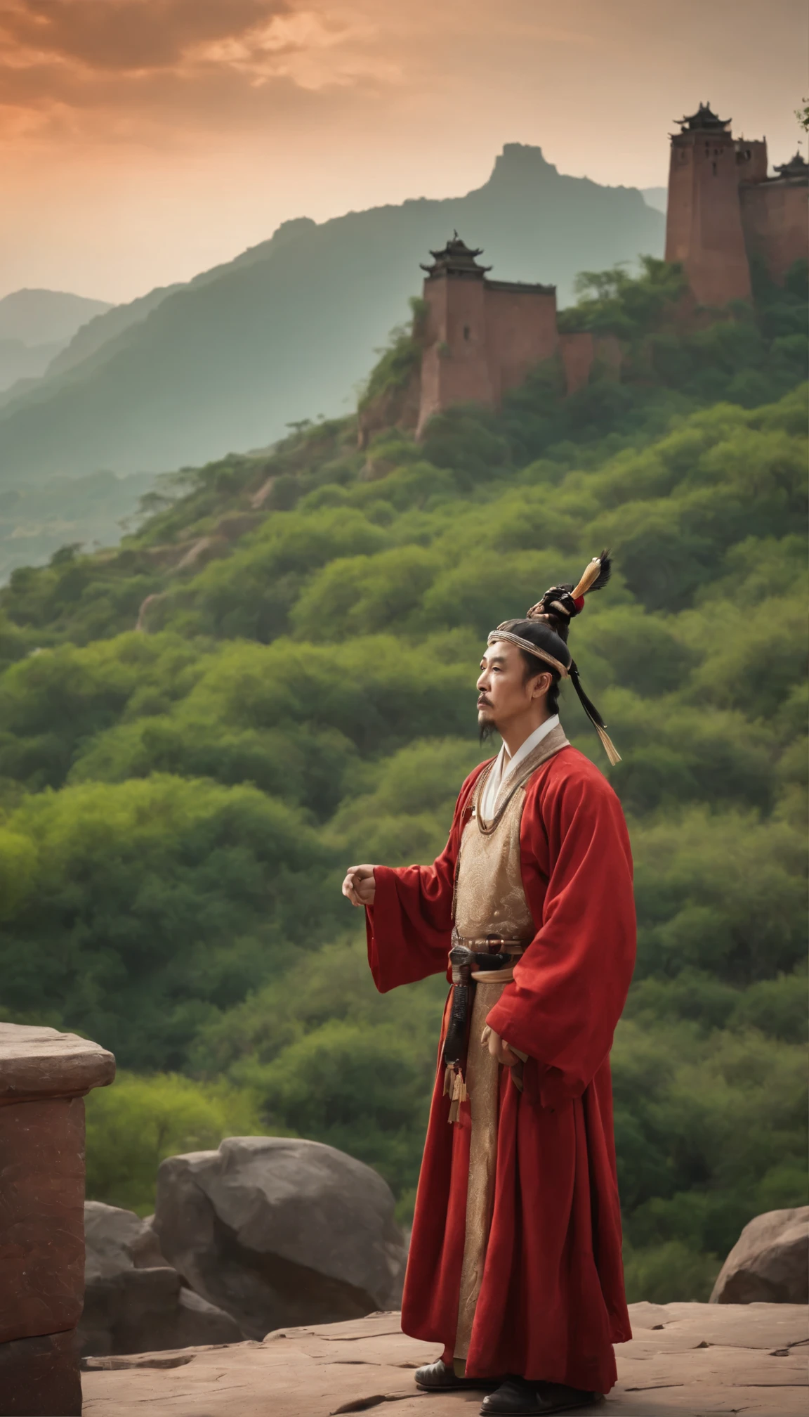 Three Kingdoms:In a fascinating scene from the movie、The famous strategist Zhuge Liang is depicted in deep thought at the foot of Red Cliffs.。The magnificent cityscape, surrounded by sturdy walls shining in the sunlight, spreads out before you.。The quiet water surface、Reflecting the vibrant colors of the city、It's intricate and detailed.。The clouds overhead are alive with spore release.、Its shining shape、Adds a surreal touch to an already dramatic scene。The surrounding scenery、green々Tree々とgreen々Boasting a sleek leaf、Adds depth and dimension to your masterpiece。The rich earth tones of the scene、Contrasting with the vibrant red color
