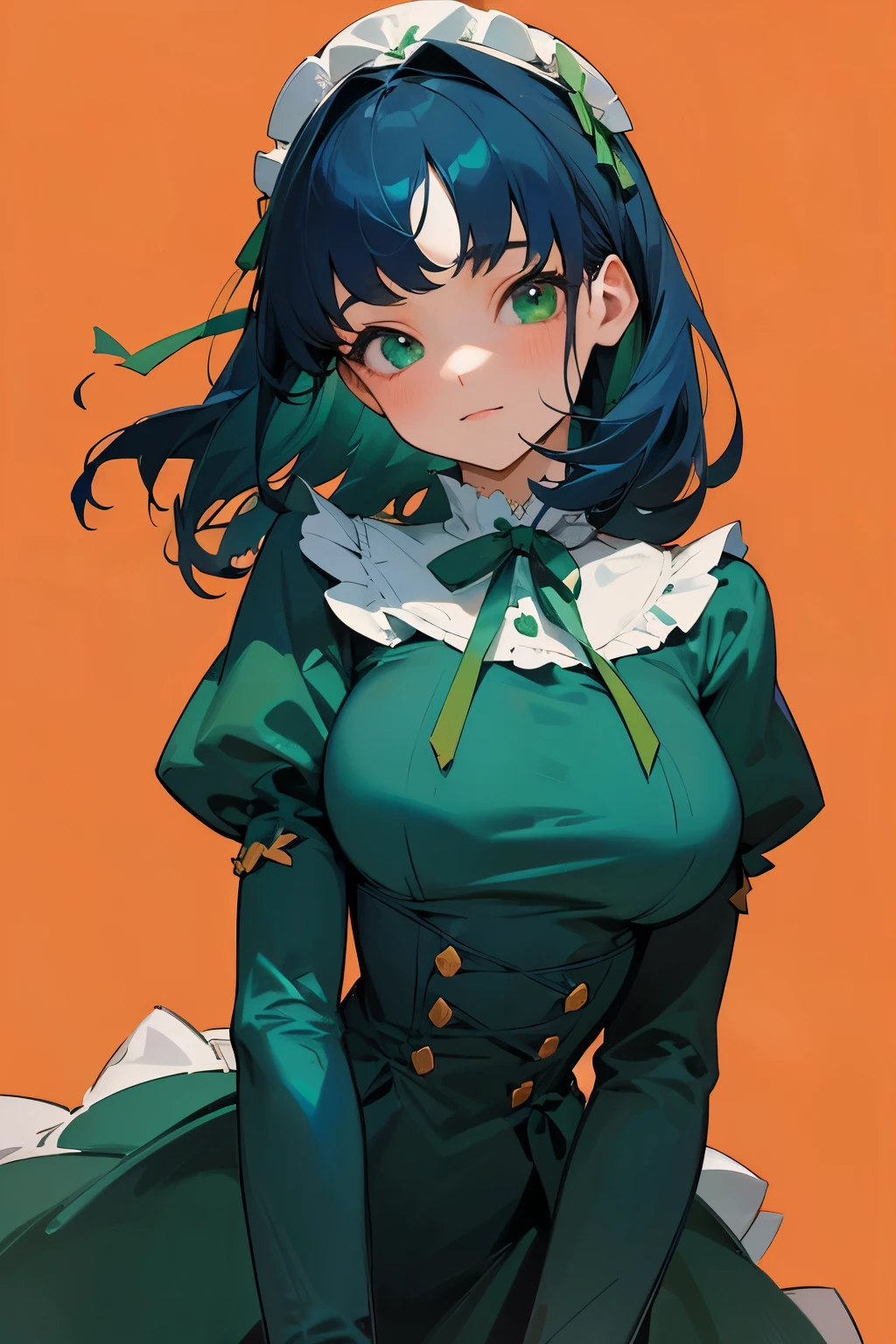 Face the children_V1:0.24, Highest quality, real, 8K, High accuracy, 1 girl, woman, (Skin dents), (painting), ((Simple background:1.62)), In full colour, ((Big round breasts,ta,decor,race,ribbon)), Look directly at the viewer:1.8, (1 girl eyes looking at viewer:1.55), (Medium length hair, dark blue hair, Straight bangs:1.45,Emerald green eyes), (sad),Looking at the viewer,He smiles