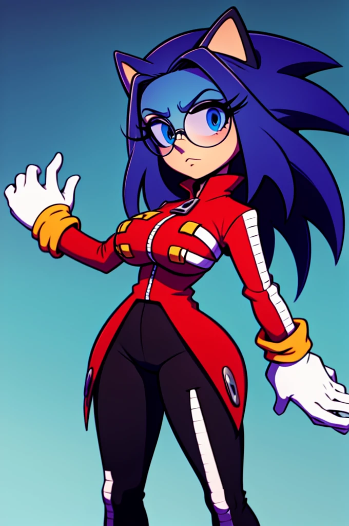  female sonic reimagined as a furry female sonic dr._eggma'am milf, red jacket, black skirt, black thighhigh boots, white gloves, round eyewear, blue-tinted eyewear, goggles on head