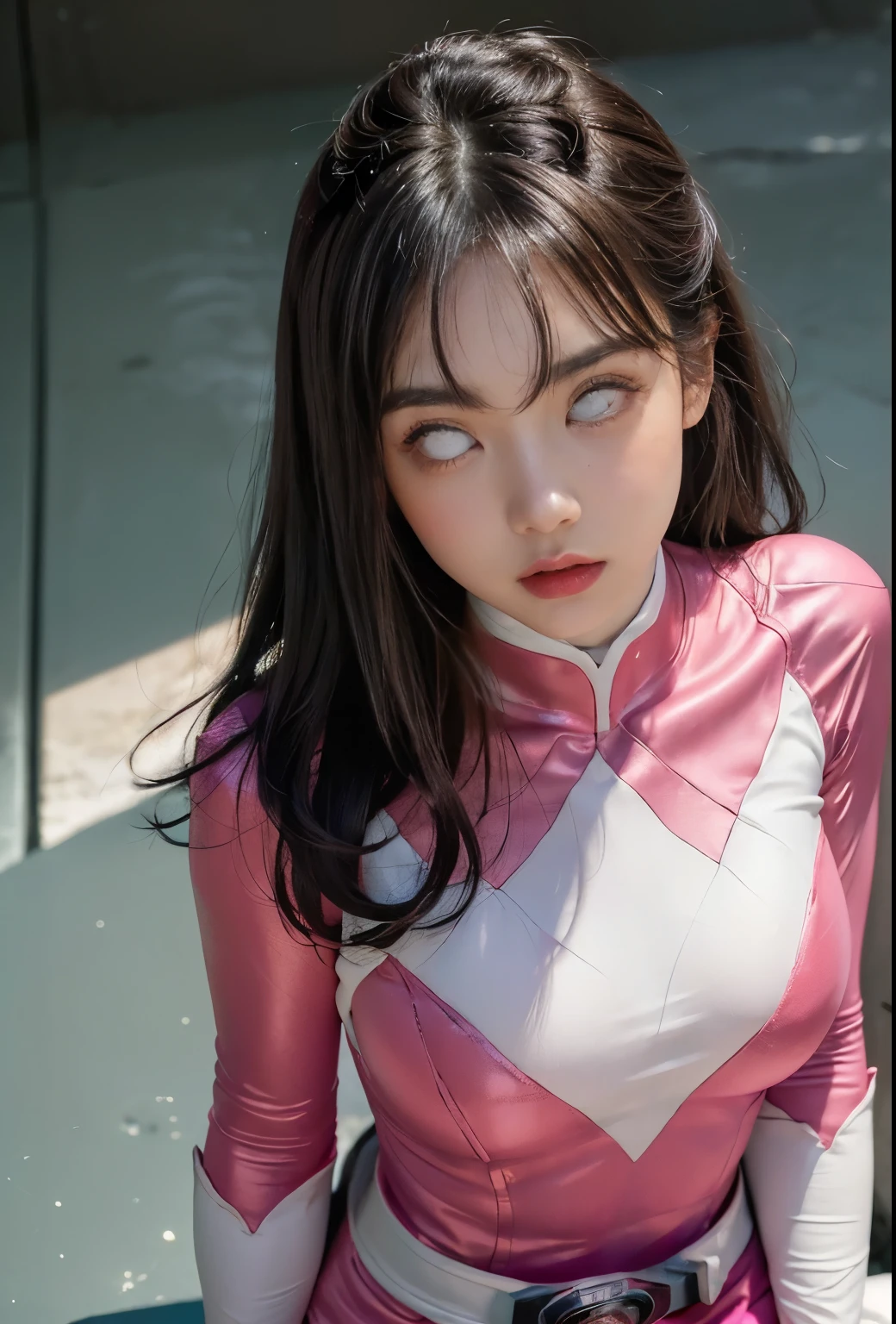 ((Pink Ranger, Same as V1)), One girl, Beautiful 20 year old Japanese woman, Angelic, Cute face,
Beautiful fine details, 
(Big eyes:1.3),Long eyelashes,
See-through bangs,
(Beautiful and exquisite face and eyes:1.4), 
Beautiful short black hair, Beautiful smile,
(highest quality:1.2),
RAW Photos, 
High resolution, 
Perfect detail, 
Professional photography, 
Professional Lighting, (Metallic coral magenta and white hero suit:1.3), Ultra tight fitting bodysuit, belt, Huge breasts, ((Face the camera,Looking at the camera,upright,Weakness,Hold your arms straight down)),(((From above, look up,Staring at the ceiling,Please open your mouth wide))),((((White of the eyes)))),Beautiful feet, Strong lighting in bodysuit,at the park