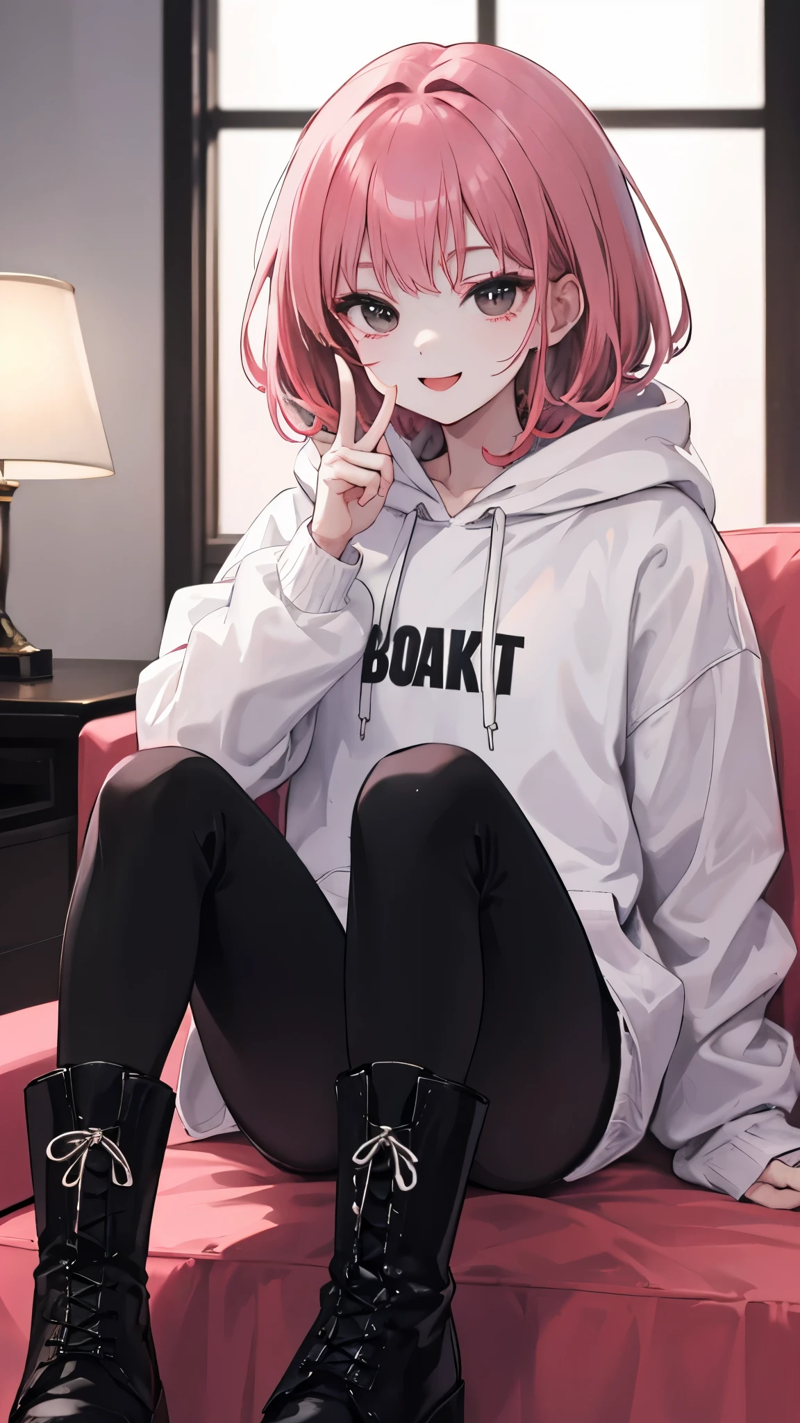 Female 3P、cute、With a smile、peace、Inside the Hotel、Sitting、
black and White hoodie、Red and black hoodie、White hoodie、black platform boots、black platform boots、perfect finger、
Brown Hair、Black Hair、Pink Hair、3✕3の目、black eye、