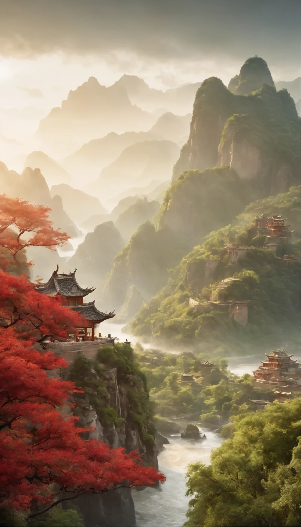 Three Kingdoms:In a fascinating scene from the movie、The famous strategist Zhuge Liang is depicted in deep thought at the foot of Red Cliffs.。The magnificent cityscape, surrounded by sturdy walls shining in the sunlight, spreads out before you.。The quiet water surface、Reflecting the vibrant colors of the city、It's intricate and detailed.。The clouds overhead are alive with spore release.、Its shining shape、Adds a surreal touch to an already dramatic scene。The surrounding scenery、green々Tree々とgreen々Boasting a sleek leaf、Adds depth and dimension to your masterpiece。The rich earth tones of the scene、Contrasting with the vibrant red color
