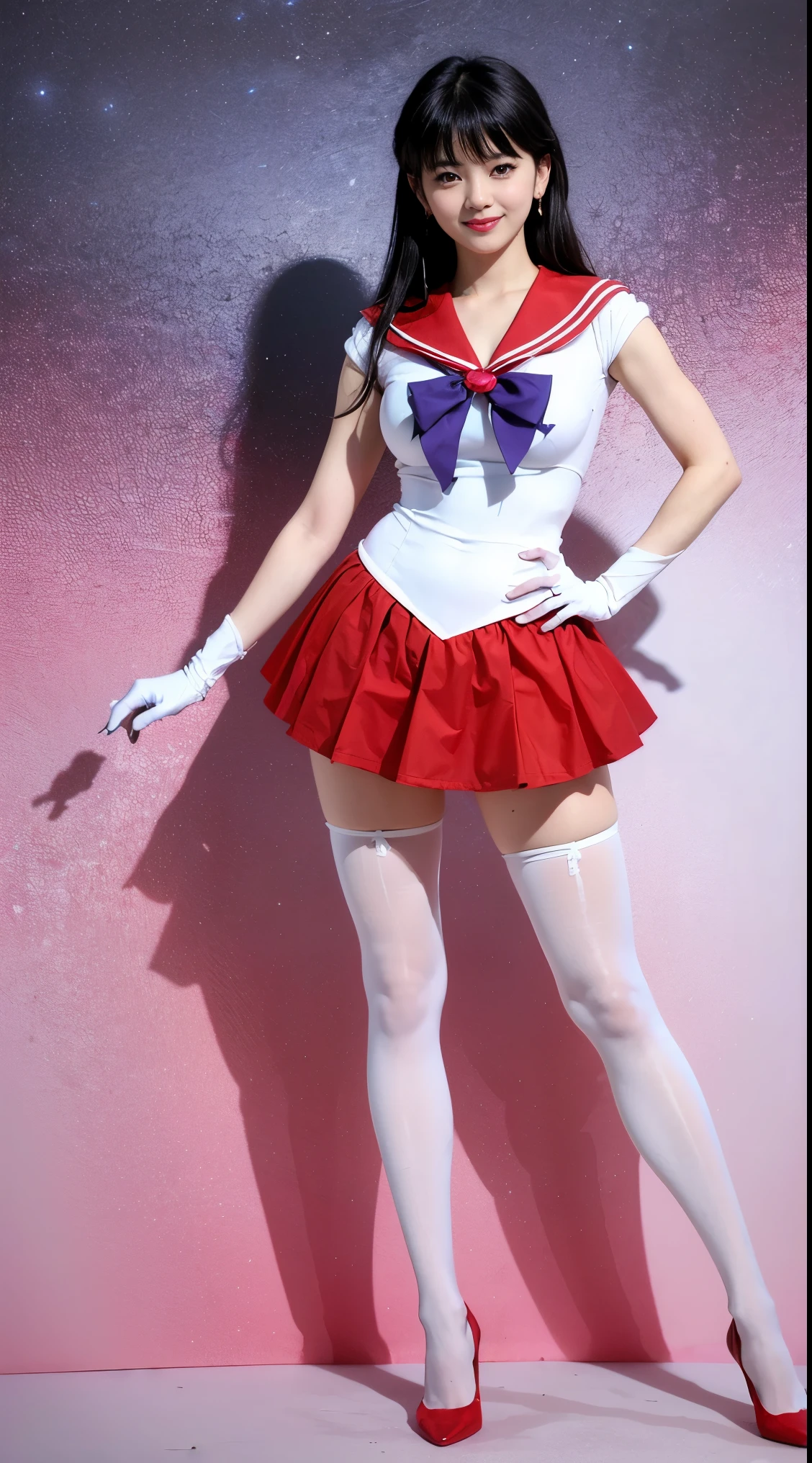 1 girl,long hair, (high quality,8K,black hair, realistic, high quality,masterpiece,Super detailed, disorganized)1.5,((Summer 1, tiara, Sailor Senshi Uniform, white gloves, Red sailor collar, red skirt)),City of night,white gloves,purple ribbon,purple eye, (magical world,fire),high heels, (full body photo, standing:1.5), huge breasts， Standing，Long legs，Smile，Solid color background，Charming pose， pantyhose