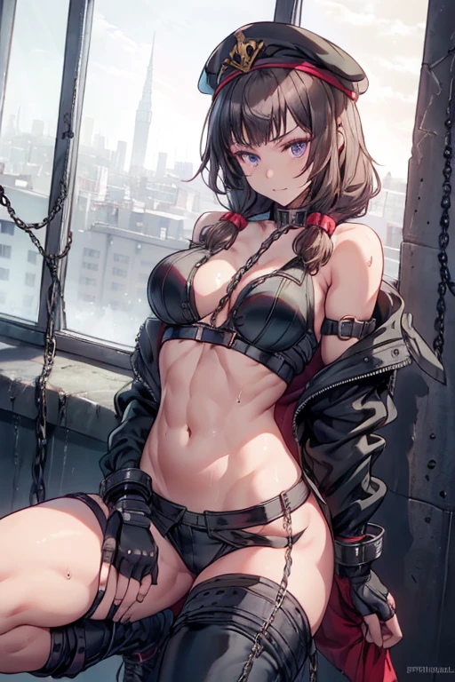 (Thynasha:1.2),dark blue hair,very long hair, purple eyes,(beautiful detailed eyes:1.0), extremely detailed face, perfect lighting, hair between eyes,bangs, (black beret, black jacket, open clothes, cleavage, midriff, black medium skirts,  black thighhighs, thigh strap, fingerless gloves, single glove:1.2), Photo,sharpness, F1.6 lens,hyper-realistic textures,spectacular light textures, Cinestil 800 Fashion Mechanics,(((Beautiful woman with left leg restrained by chains))),Appearance,Beautiful girl with accentuated slender abs: 1.1,six-pack abs: 1.1, Bust Botox,Standing on tiptoe, long legs,Long brown hair fluttering in the wind,Brown hair, Long hair, Female Warrior Costume,(No panties,No bra),(tacticul battle fashion,elbow and knee tacticul battle fashion, battle glove: 1.1),((cute batre costume)),The belly comes out and the navel is visible,Thin sheer costume, combat gloves,shredded costumes,cyber long combat boots with golden knee pads,Anatomical,(futuristic sci-fi battle fashion, new elbow and knee cyberpads, new cyberlong boots, new cybergloves: 1.1),(tied perfectly by iron chain:1.3), Restraint, Slave, collars, contempt, (Chained), 4 chains hung from heaven, Metallic shackles and fetters, wet crotch clearly visible,((Hands are restrained above the head)), the neck is chained,Chain from left knee to heaven,Chained by rusty iron chains,((the tip is protruding, areolas protruding,The shape of the pubic harearea is clearly visible:0.9)),Sweating,Wet,Wet crotch,Wet thighs,Junkyard, Realistic, (cute, perfect clothes, skimpy clothes, cute: 1.3) ,Vast miritary base in us,((wide mirtary hospital with summer sunlight)), peeling ceilings, Rebar between, Realistic material details, Extreme details, Ultra-realistic materials,narrow waist,(with sparkling eyes and a contagious smile:0.9),looking at viewer,
