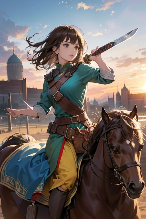 (Absurd, High resolution, Super detailed),masterpiece,highest quality,High resolution,8k,Realistic Face,Realistic skin texture,Expanded Texture, Amazing clarity,Super detailed anime girl,(Medieval Central Asia:1.3),Action pose,Dark brown hair,Holding a sword,View the viewer,Cowboy Shot,Silk road,oasis,market,horse riding、Equestrian people