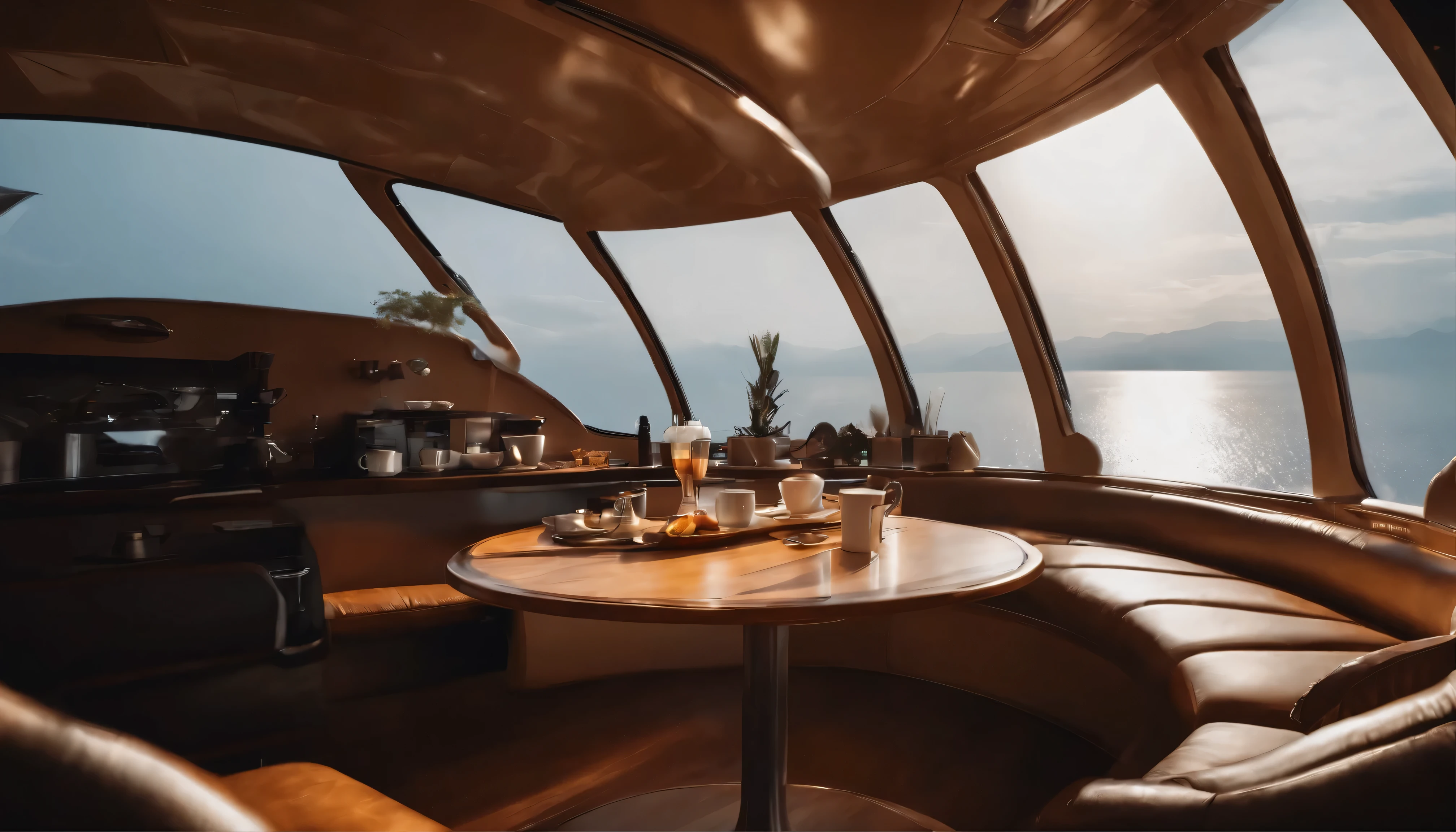 Looking out from the passenger seat of a large airship。The interior is decorated in a futuristic style reminiscent of a cozy home.、I can see the morning sun ahead、There is a coffee cup on the table、Perfect photo、Actual Photos、High resolution、delicate、8k、