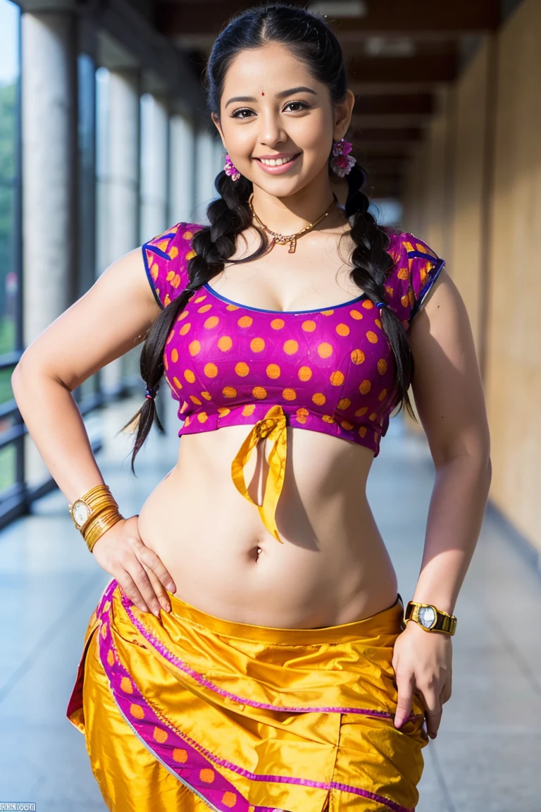 HD wallpaper 32k cinematic shoot of a Beautiful cute girl, with thick thighs and a curvy waist, twin braids,  wearing an Indian blouse top, horny, seductively, in a school corridor, dotted blouse top, smiling, ((long curvy waist)), ((lowwaist)), ((curvy waist)), ((wearing a watch))