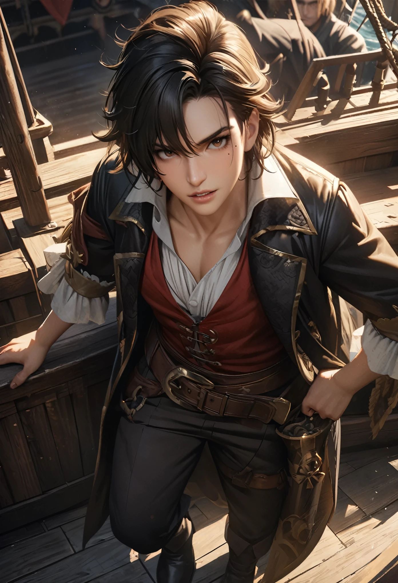 LittleMasterpiece, highest quality, high definition, high definition, high definition, high resolution, 4k, 8k, Unity 8K wallpaper, high definition CG, masterpiece, realistic, beautiful in every detail, depth, detailed texture, highest quality: 1.3, full concentration, perfect skin, he, very good-looking handsome young male pirate, anime, pirate, pirate costume, pirate ship, full body, mole under the eye, gaze looking at the viewer, parted lips,