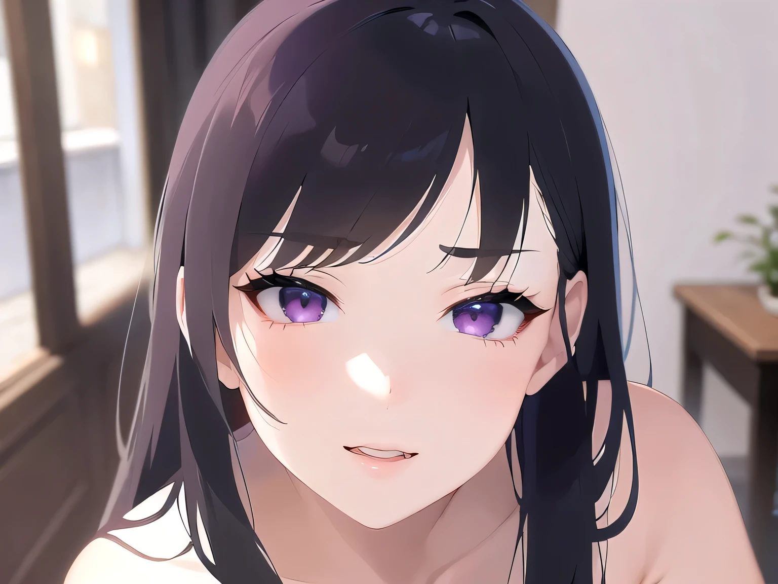 Side angle,(avert your eyes:1.5),Realistic,(Pale skin: 1.2), RAW Photos,Realistic,Portrait Photography,Shiny skin,Japanese Idols,Shiny Hair,(A 25-year-old woman with medium-length straight hair and bangs) and (Black Hair) and (Purple eyes),smile,Background is an office room,by 2 person,All naked,naked,Dick,penis,semen,Creampie,Pussy,Male organ,Sex,Sweat,Sweaty,Female organ,Lower Body